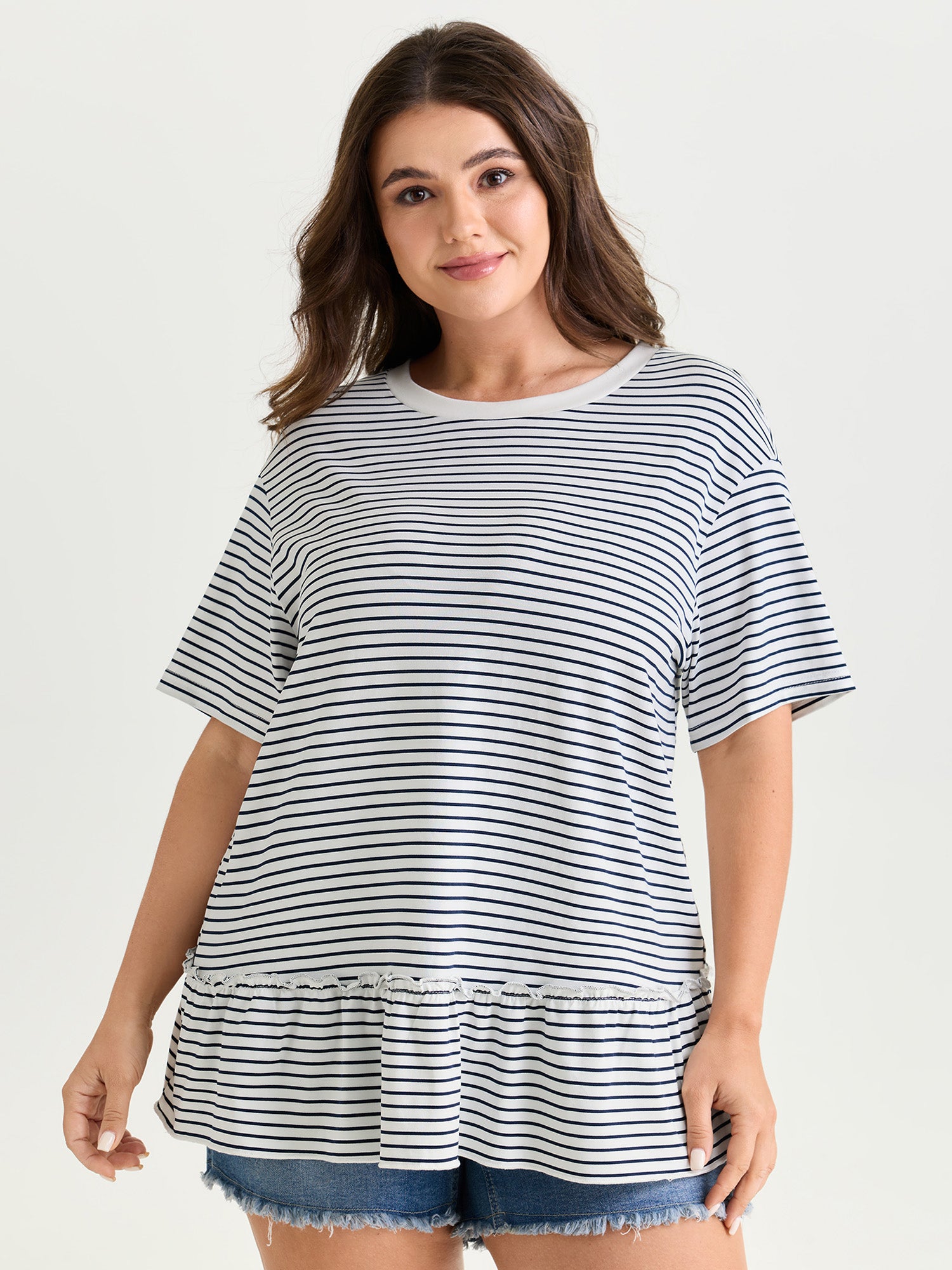 Striped Print Ruffled Hem Long T-Shirt
