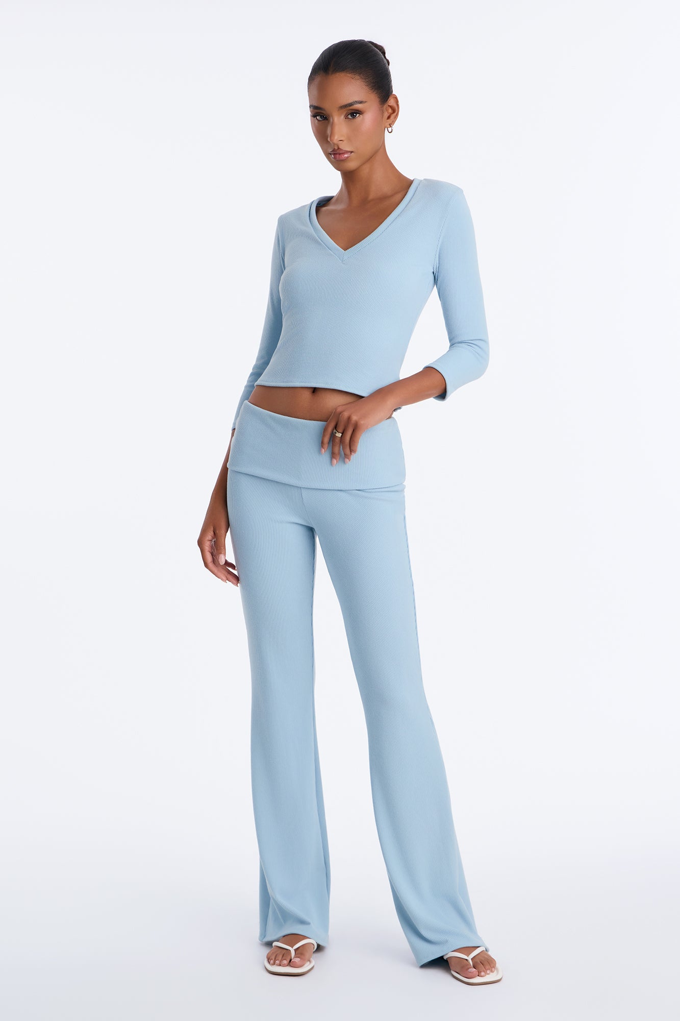 Paxton V-Neck Flare Pant Set - Blue