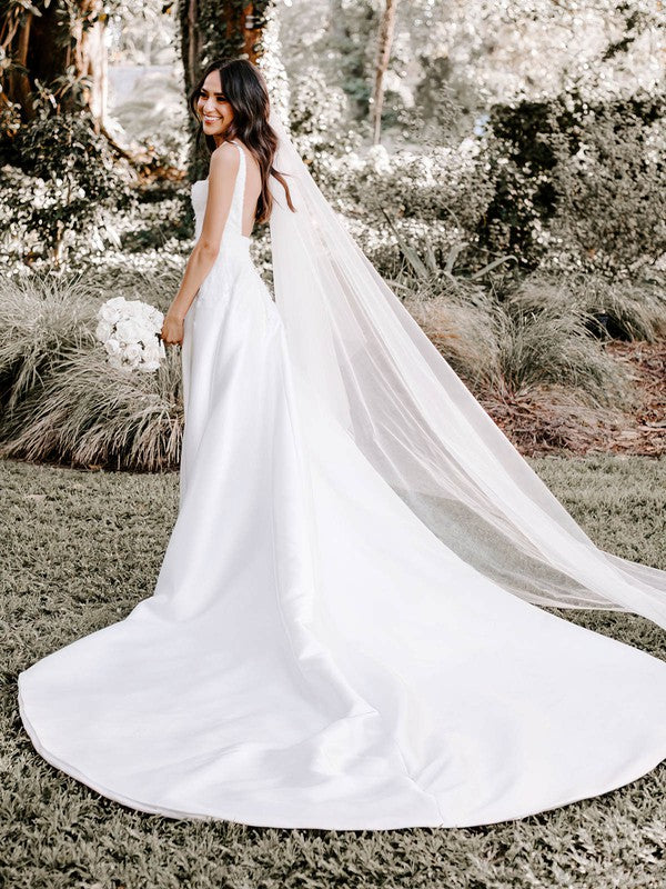 Charming A-Line Square Neck Backless Satin Chapel Train Wedding Dresses