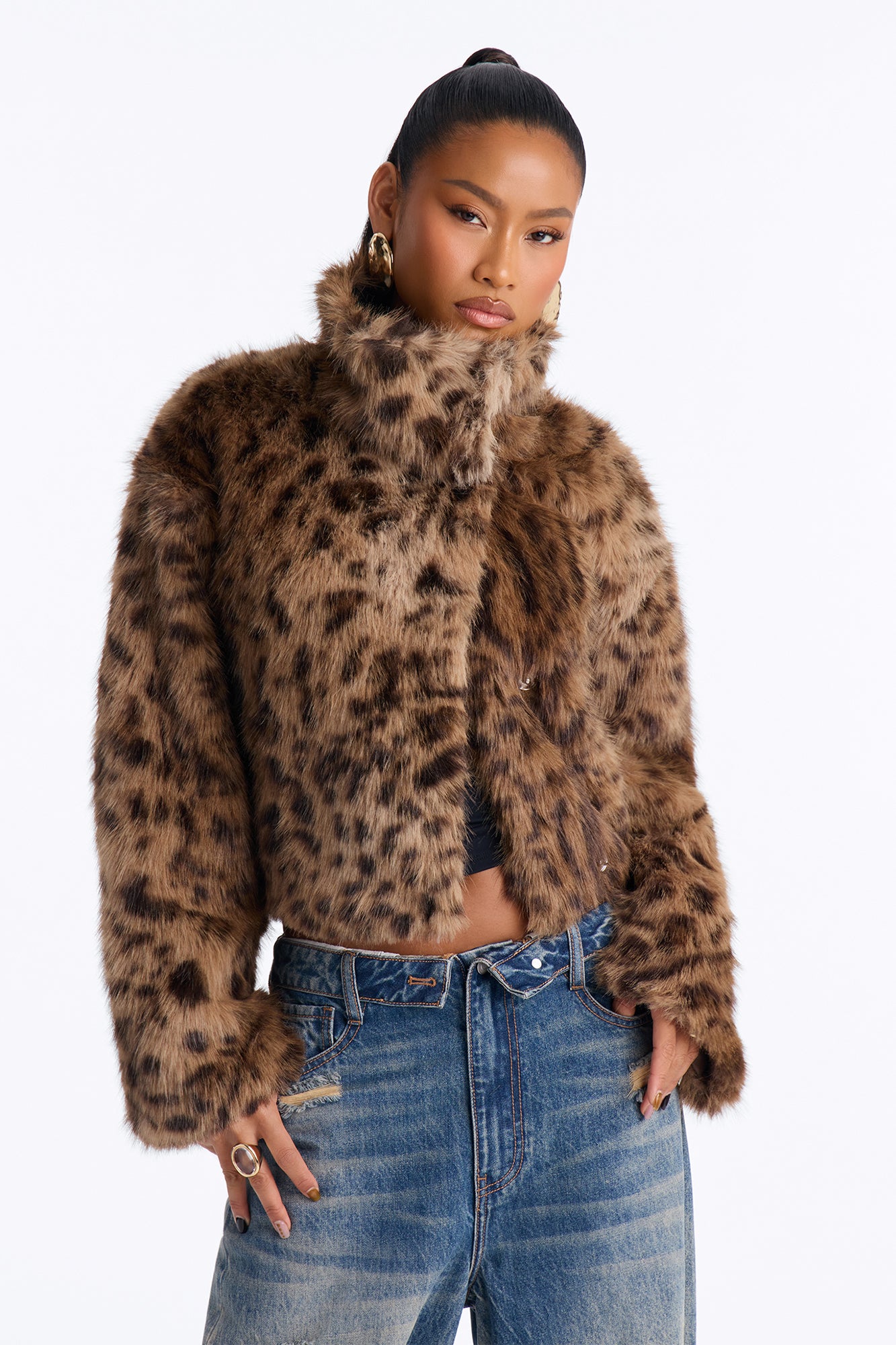 Felicity Funnel Neck Faux Fur Printed Coat - Leopard