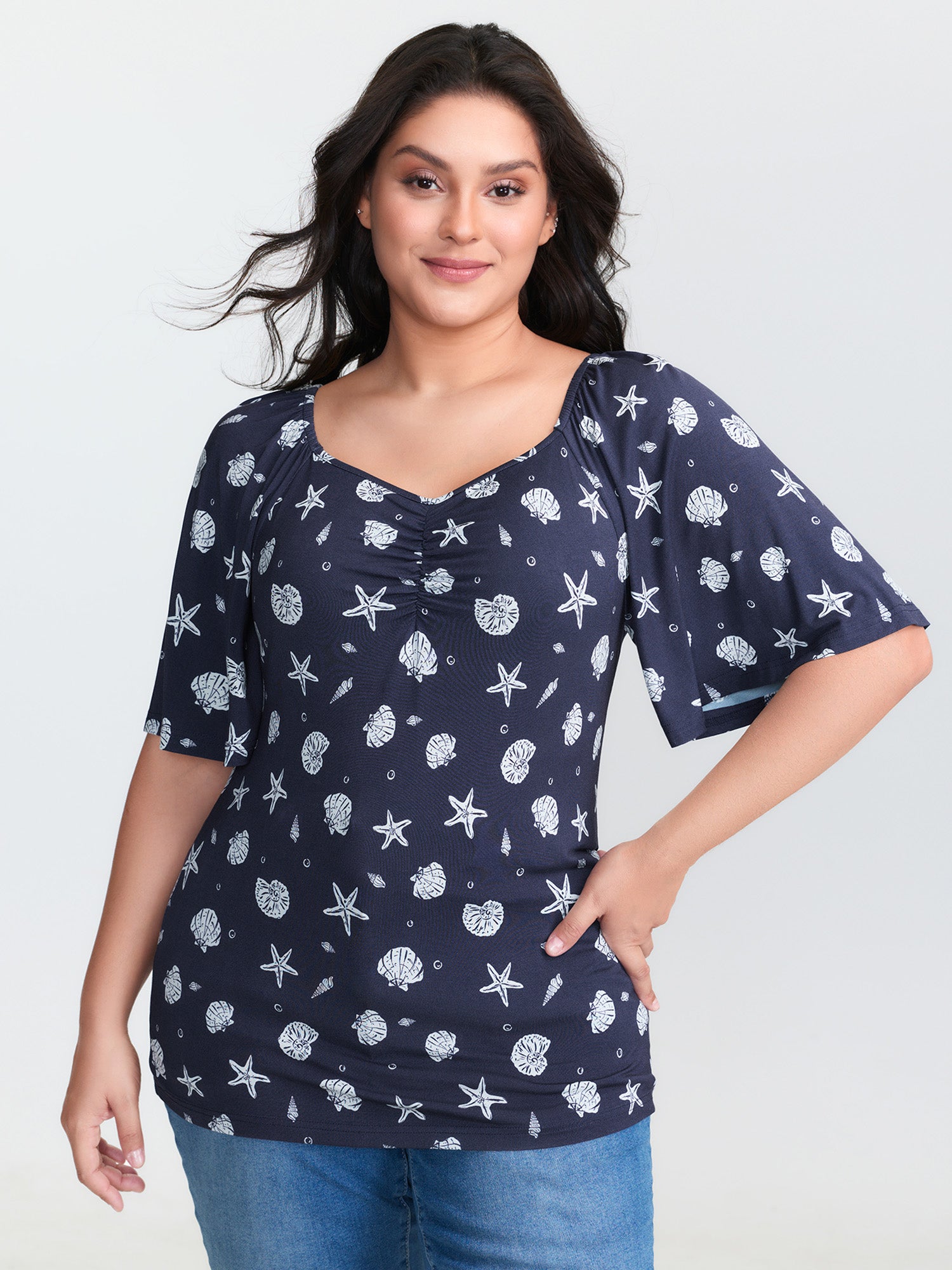 Ocean Element Print Sweetheart Neckline Top