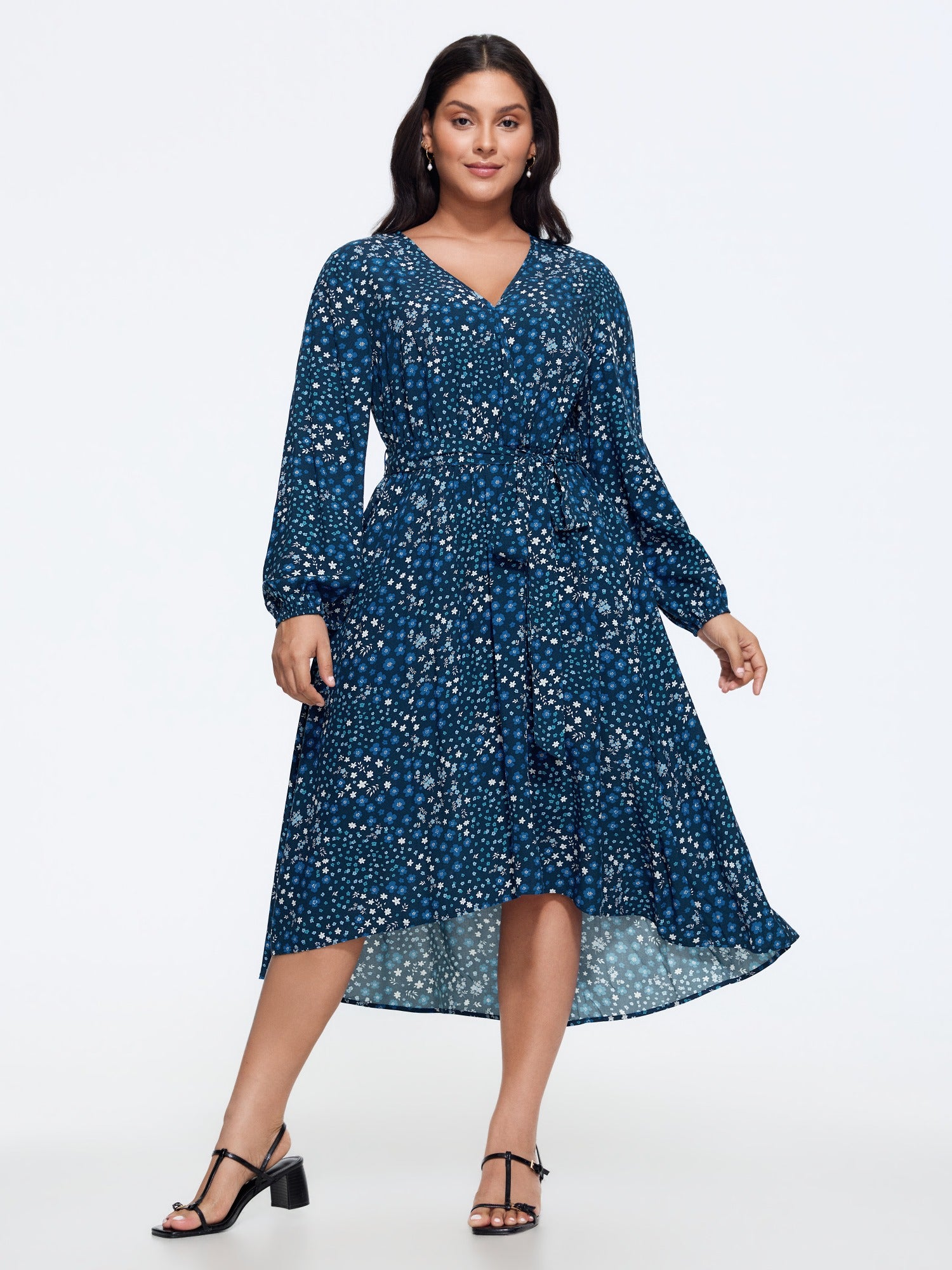 Ditsy Floral Print Belted High‑Low Hem Flowy Mini Dress