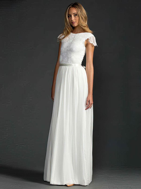 Stylish A-Line Capped Lace Chiffon Floor-Length Wedding Dresses with Ribbon