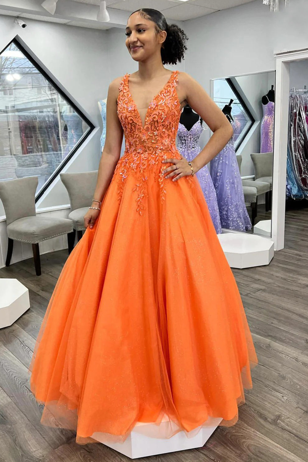 Orange Long Prom Dress with Appliques in a V-Neck A-Line Style