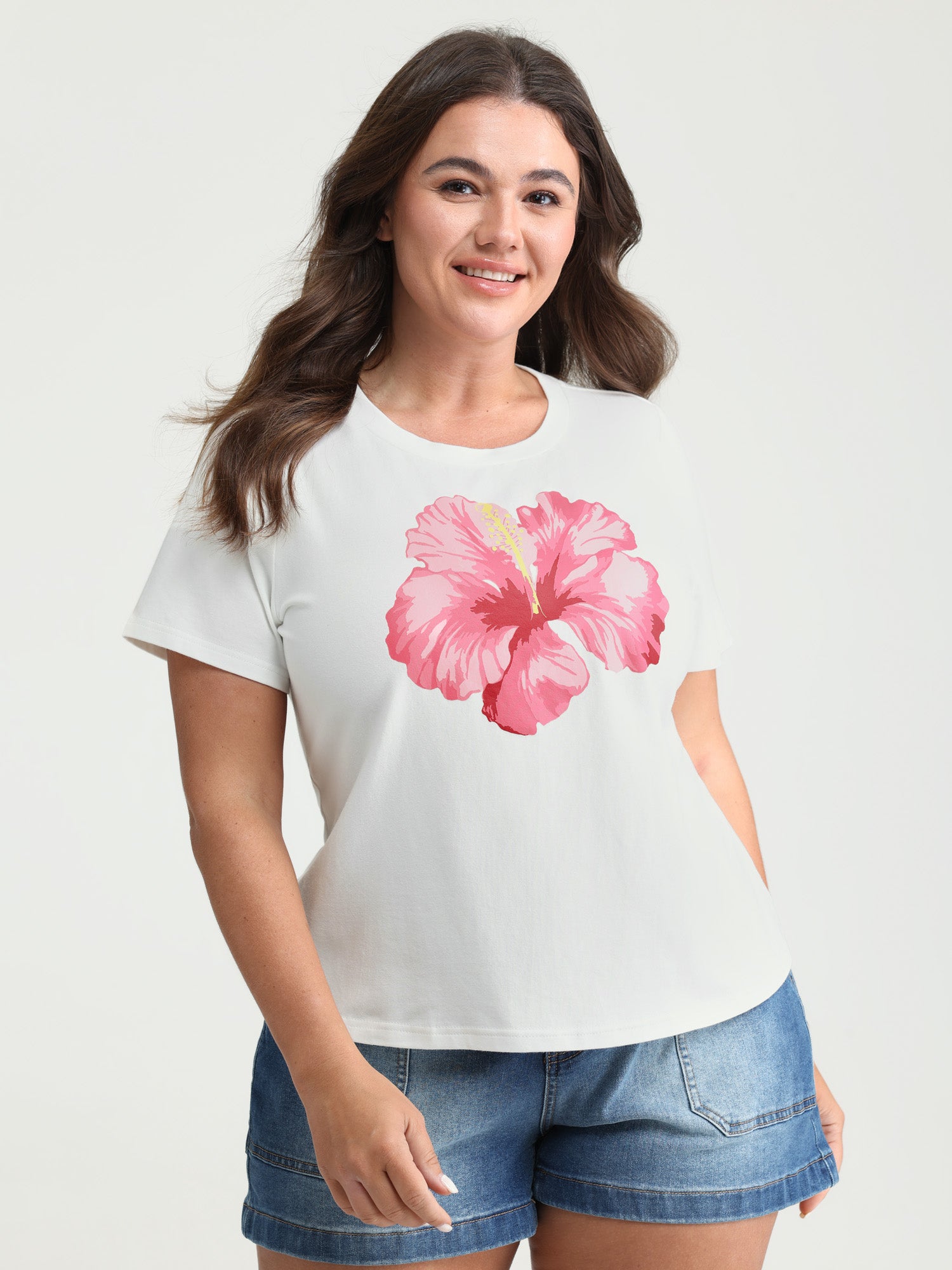 Cotton Bright Floral Print Crew Neckline T-Shirt