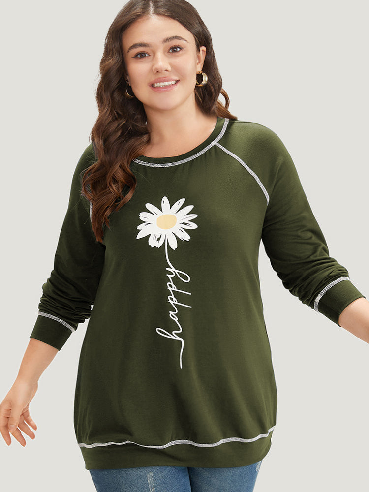 Floral Print Stitch Crew Neck Raglan Sleeve Sweatshirt