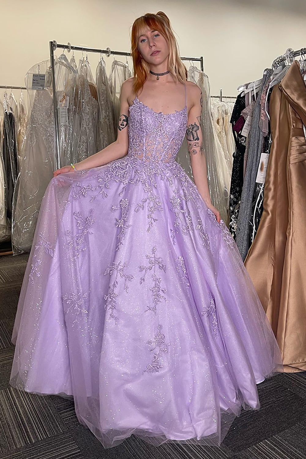 Long A-Line Prom Dress in Lilac with Spaghetti Straps and Tulle Appliques
