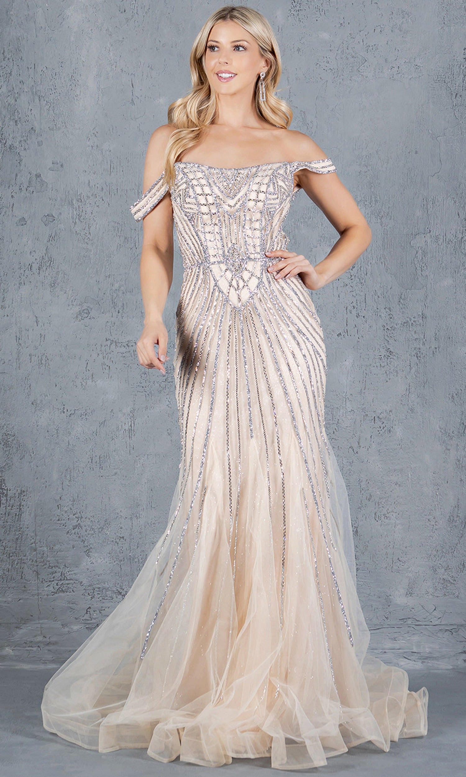 Cinderella Couture 8271J - Trumpet Off Shoulder Beaded Gown