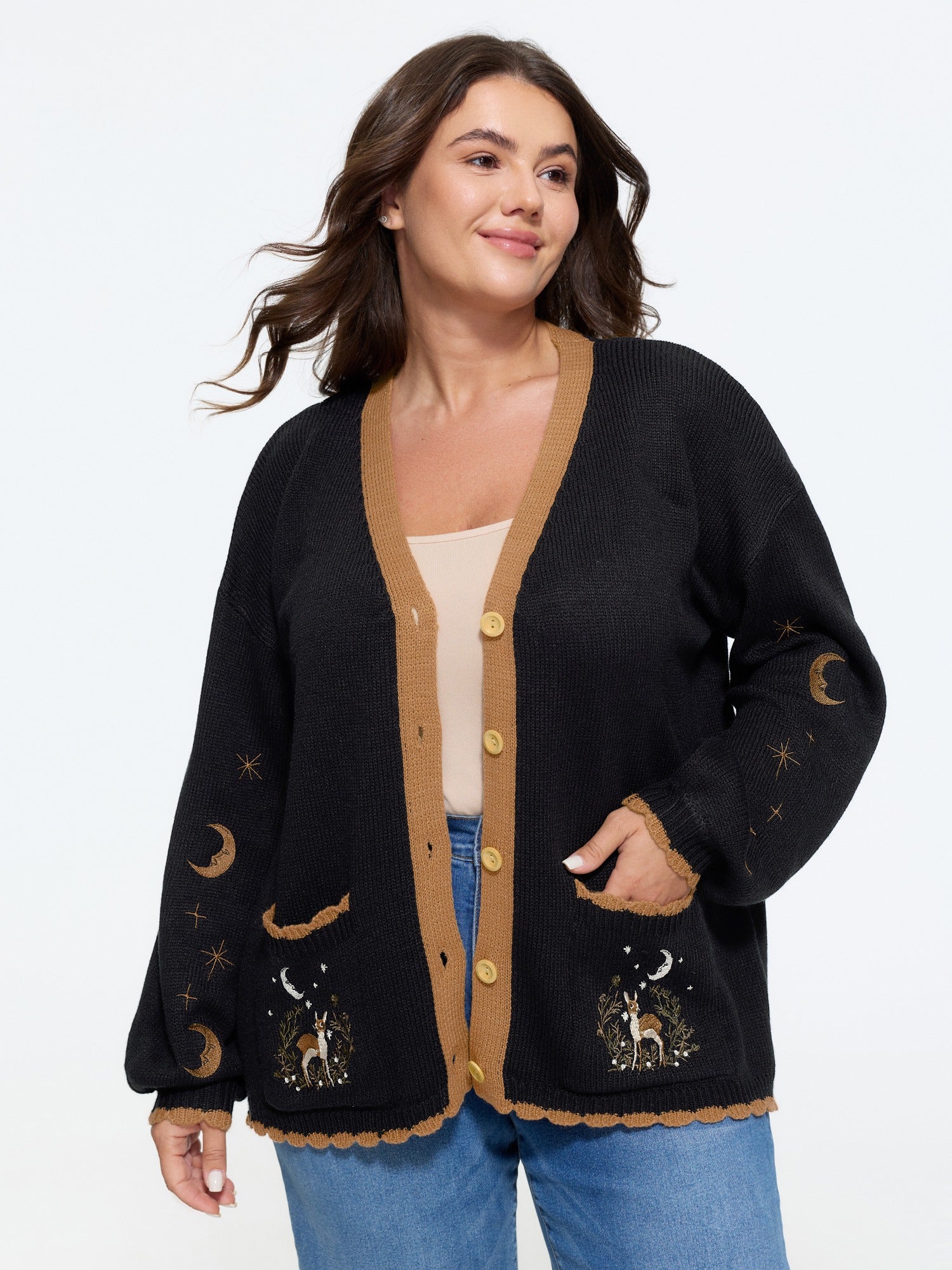 Moon Star Deer Embroidered Contrast Trim Cardigan