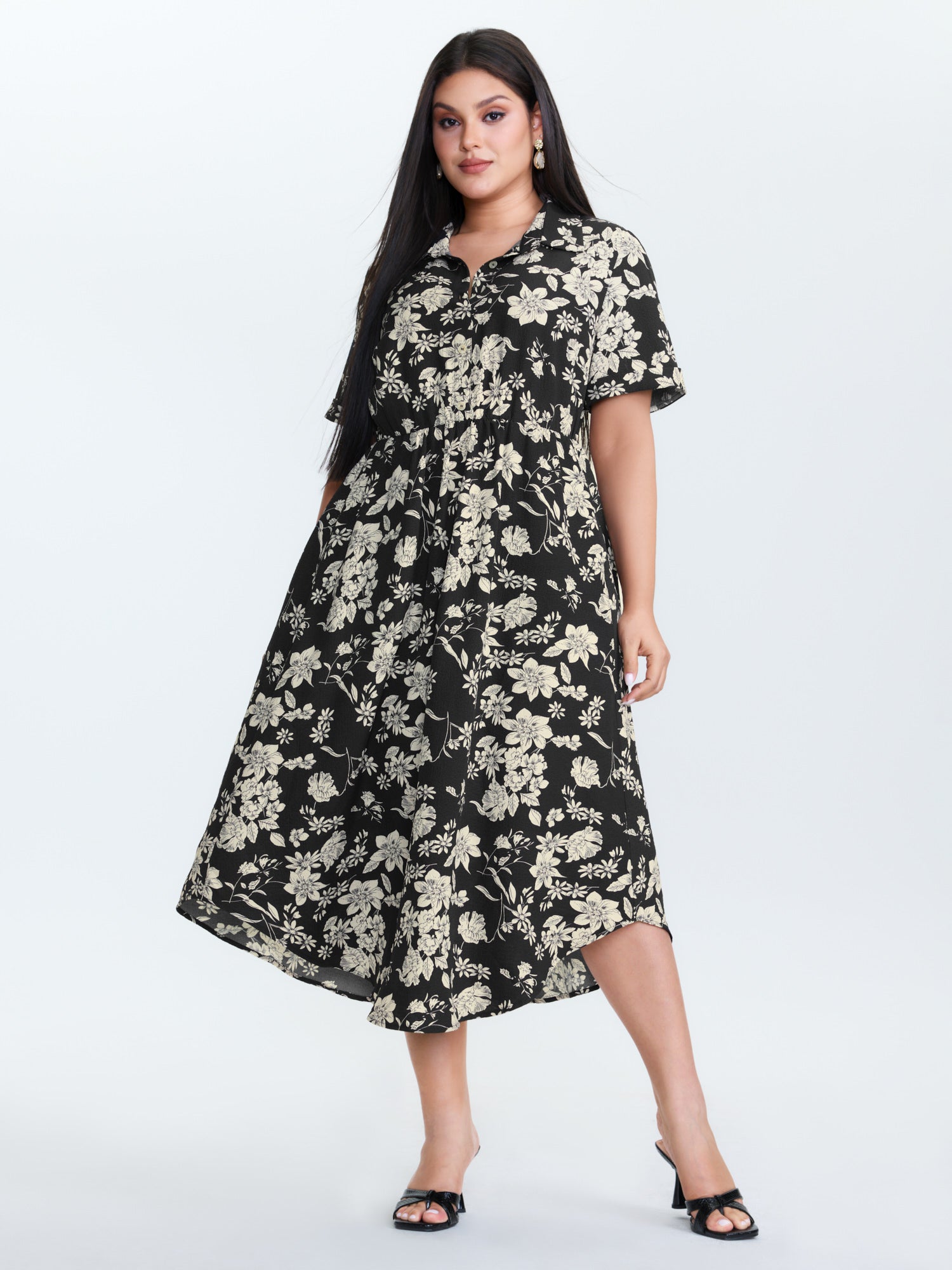 Silhouette Flower Print Collar Maxi Dress