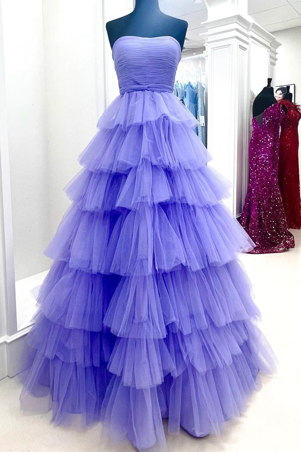 Purple Long Prom Dress with Ruffles in A-Line Silhouette