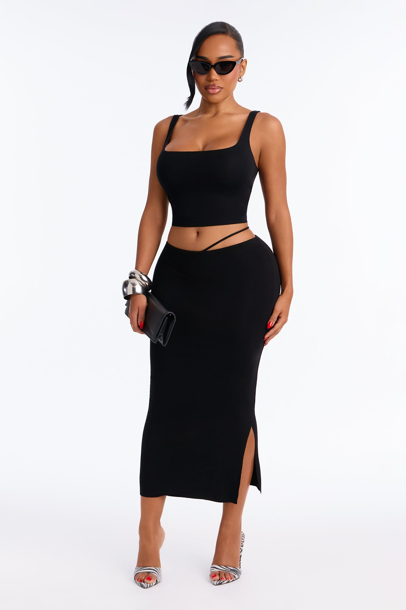 Mia Modal Waist Strap Midi Skirt - Black