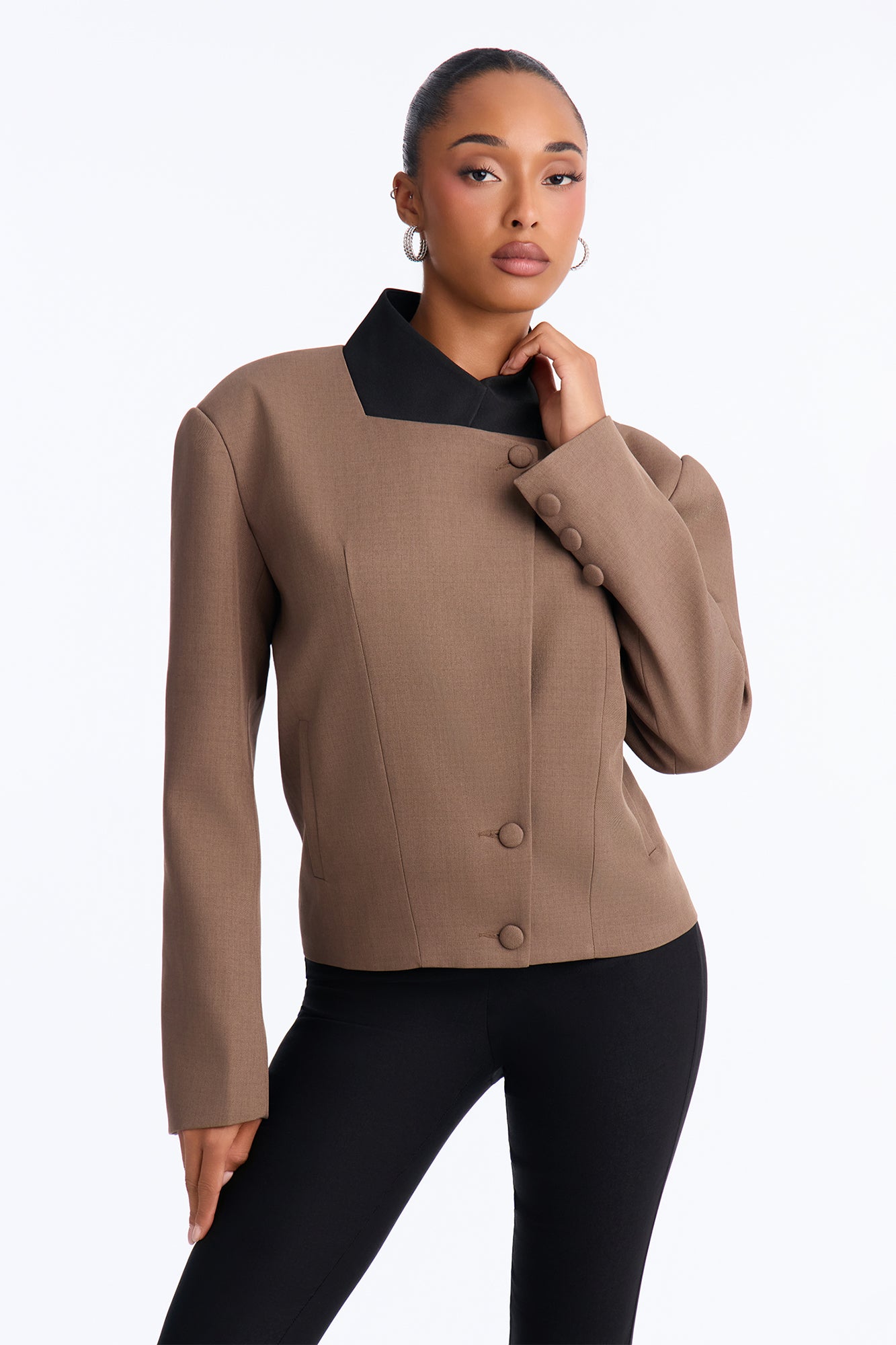 Phoebe Twill Strong Shoulder Jacket - Brown