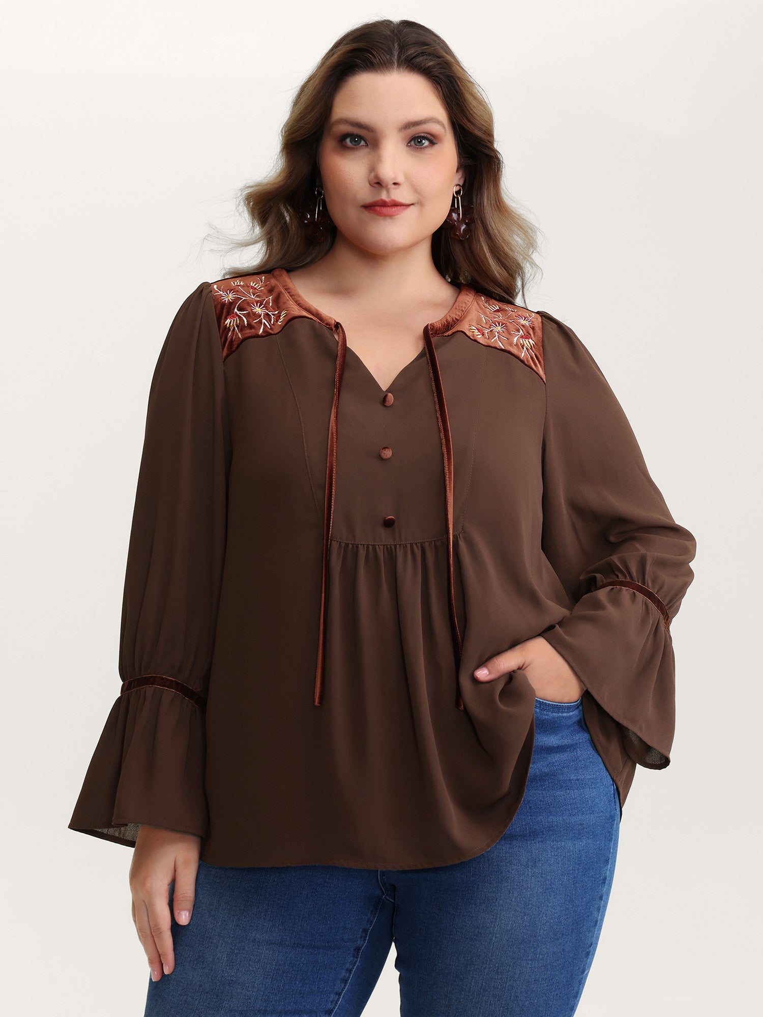 Embroidered Pleated Ruffled Sleeve Blouse