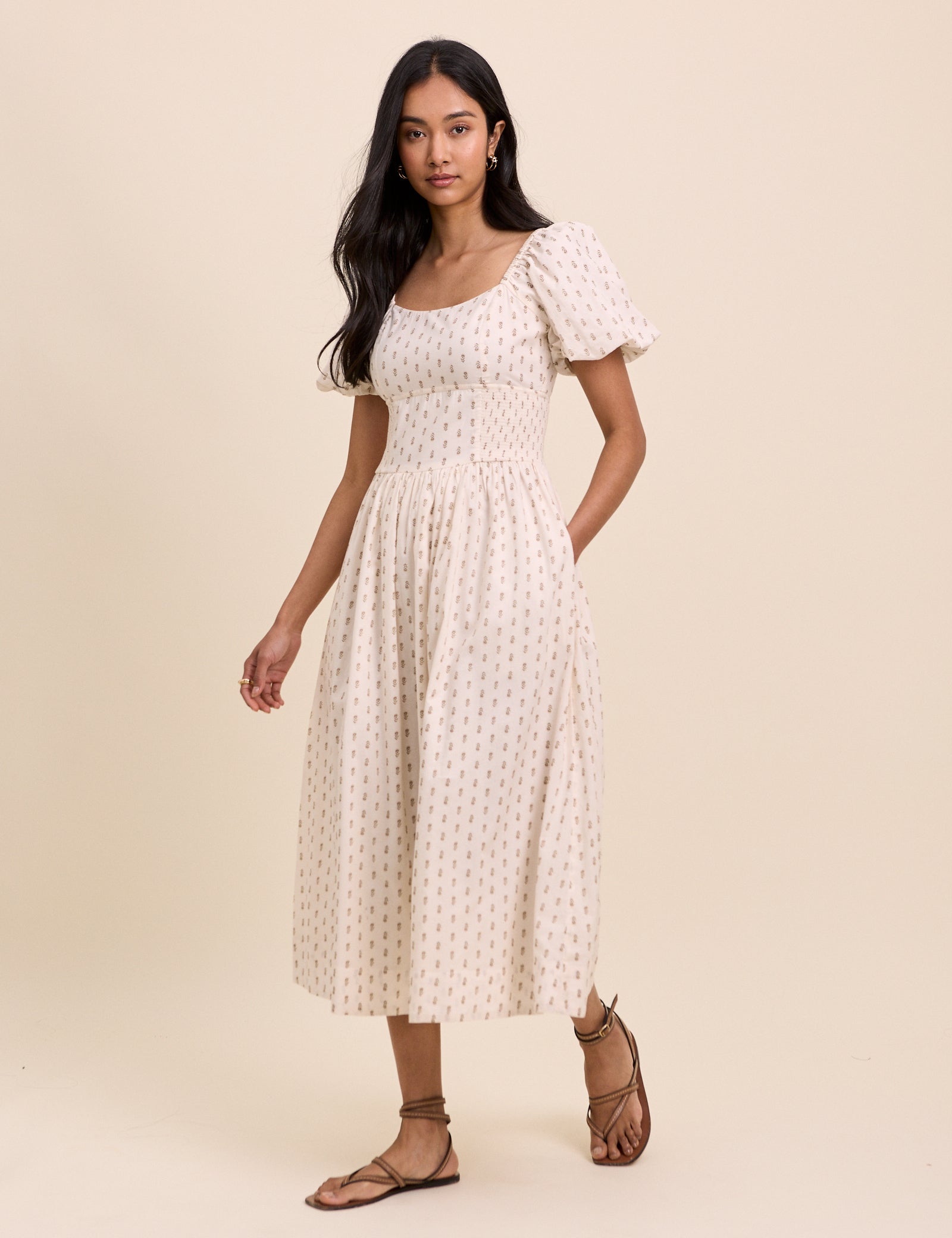 Ivory Floral Puff Sleeve Mara Midi Dress