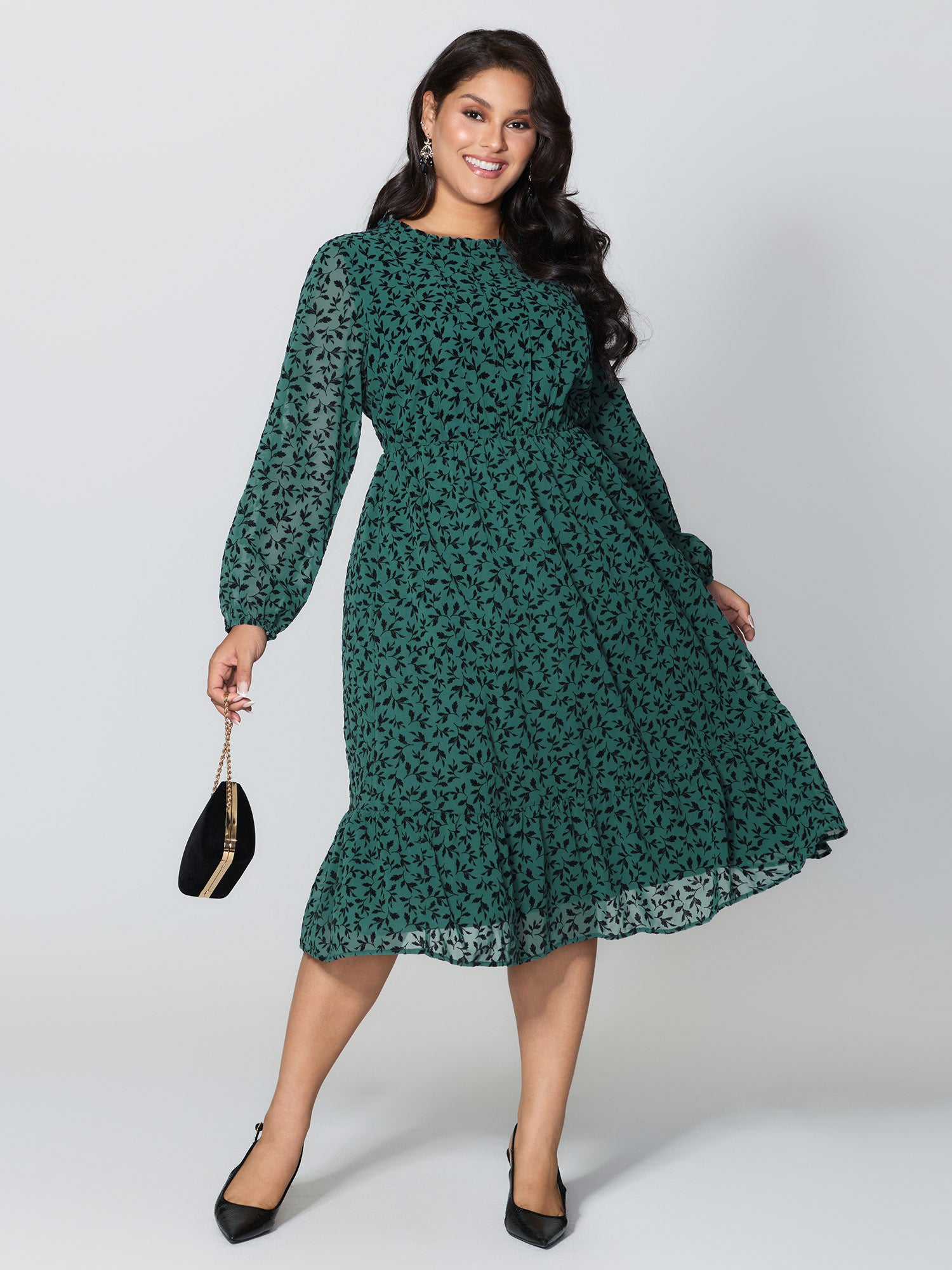 Flocked Floral Shirred Ruffled Neck Midi Dress