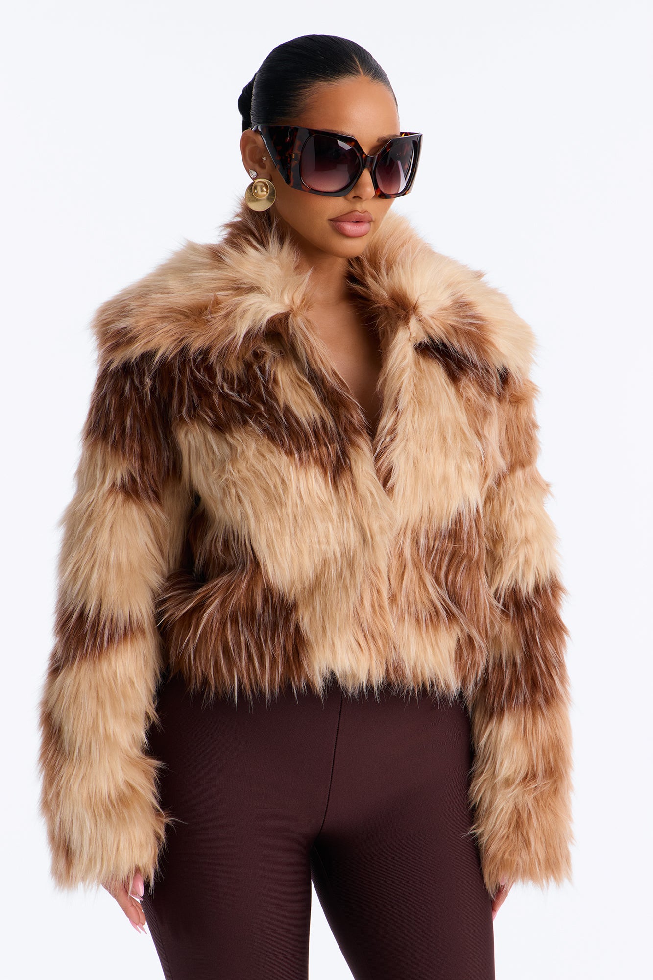 Yves Faux Fur Bungee Waist Collared Jacket - Brown Combo