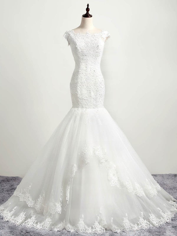 Glamorous Trumpet Sleeveless Lace Tulle Court Train Wedding Dresses