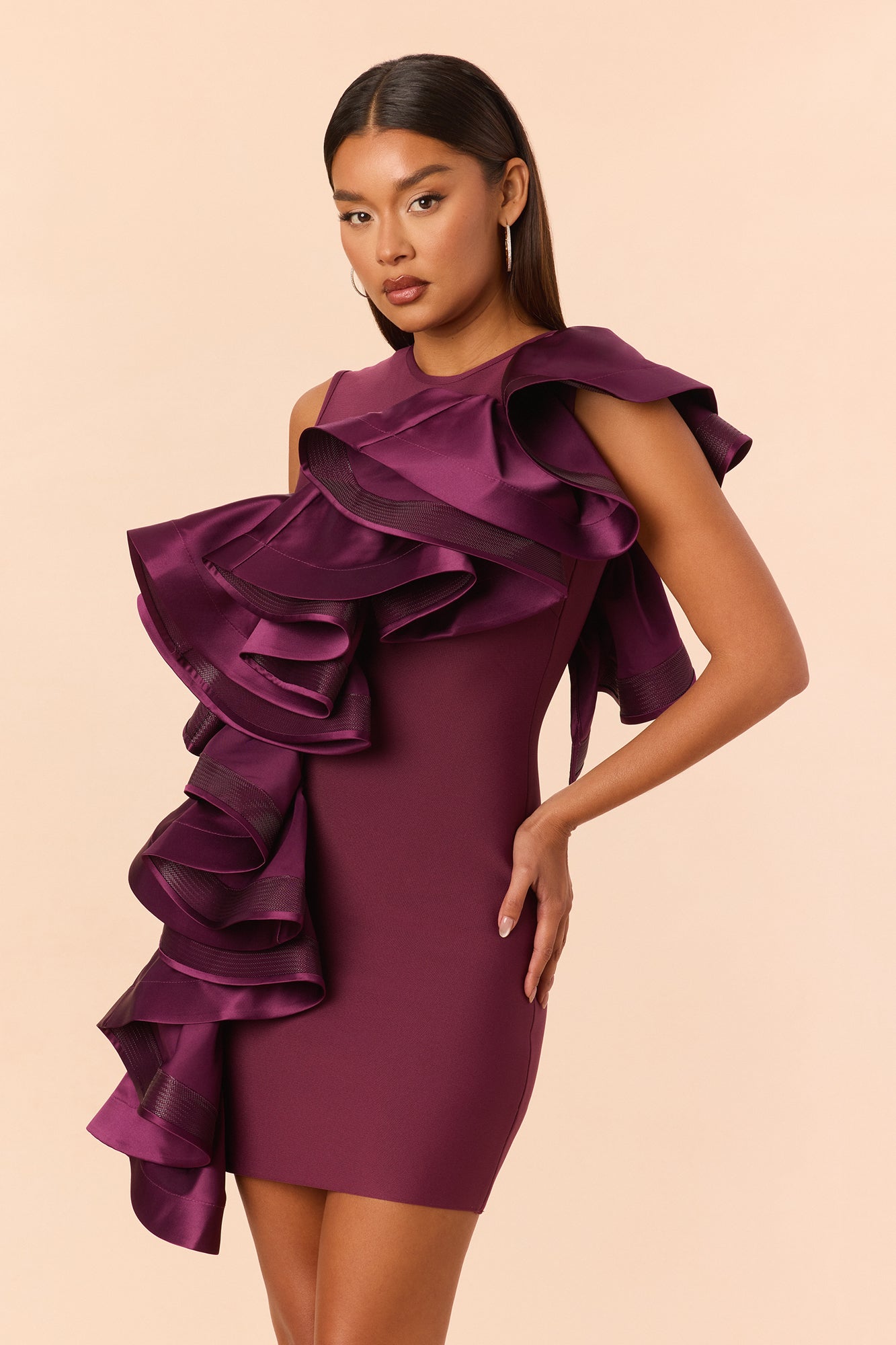 Jesse Ruffle Bandage Midi Dress - Plum