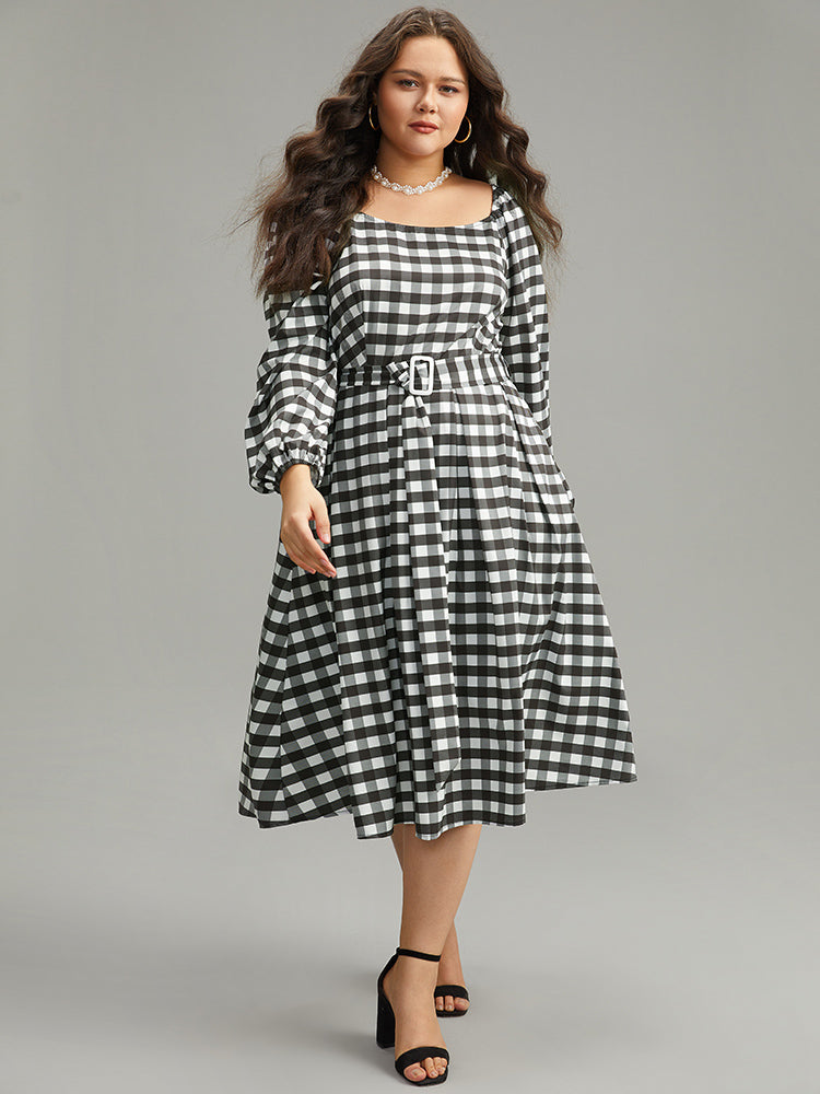 Halloween Plaid Print Belted Square Neck Lantern Sleeve Dress