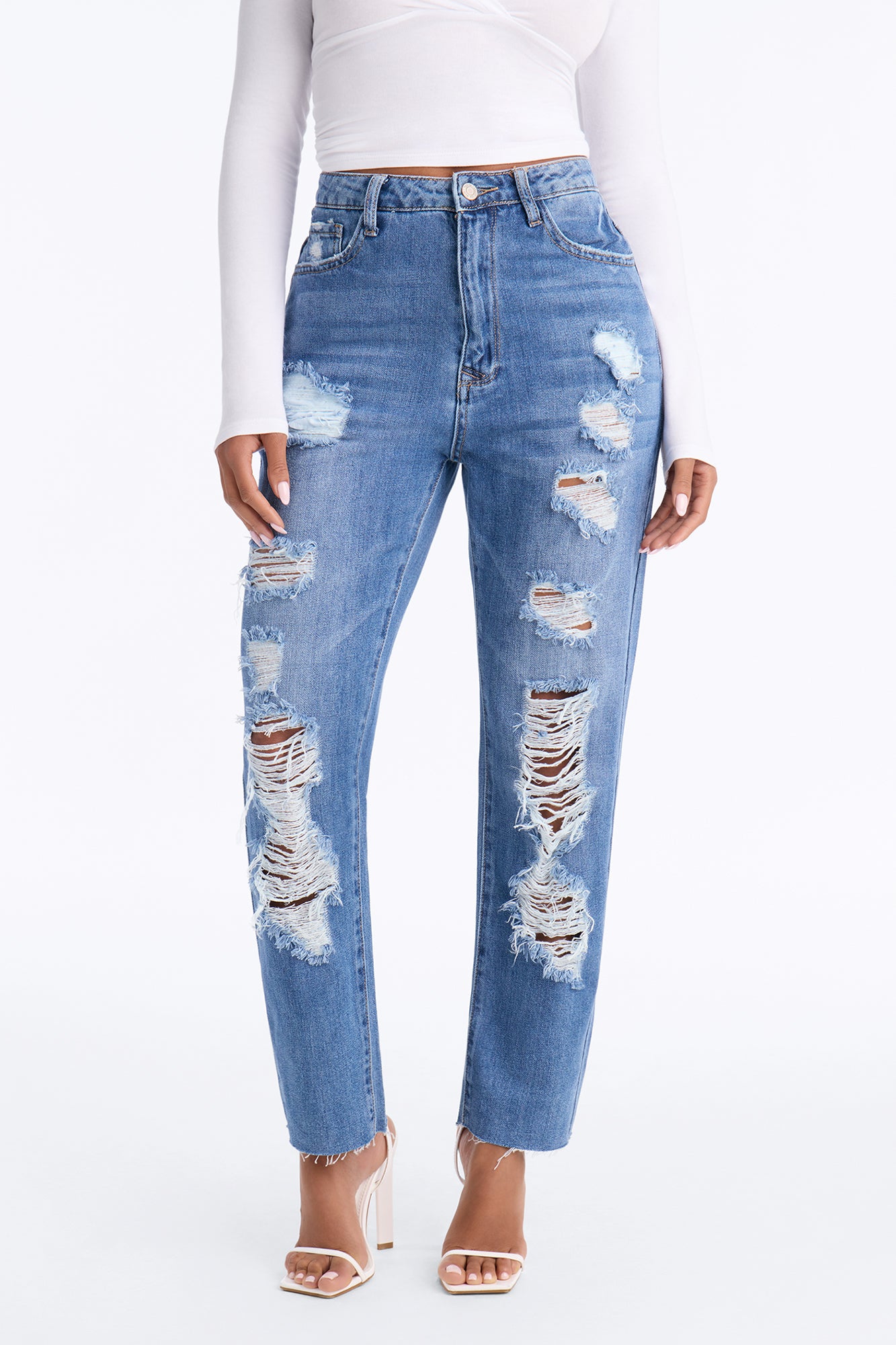 Hollywood High Rise Ripped Slim Straight Ankle Jeans - Dark Wash