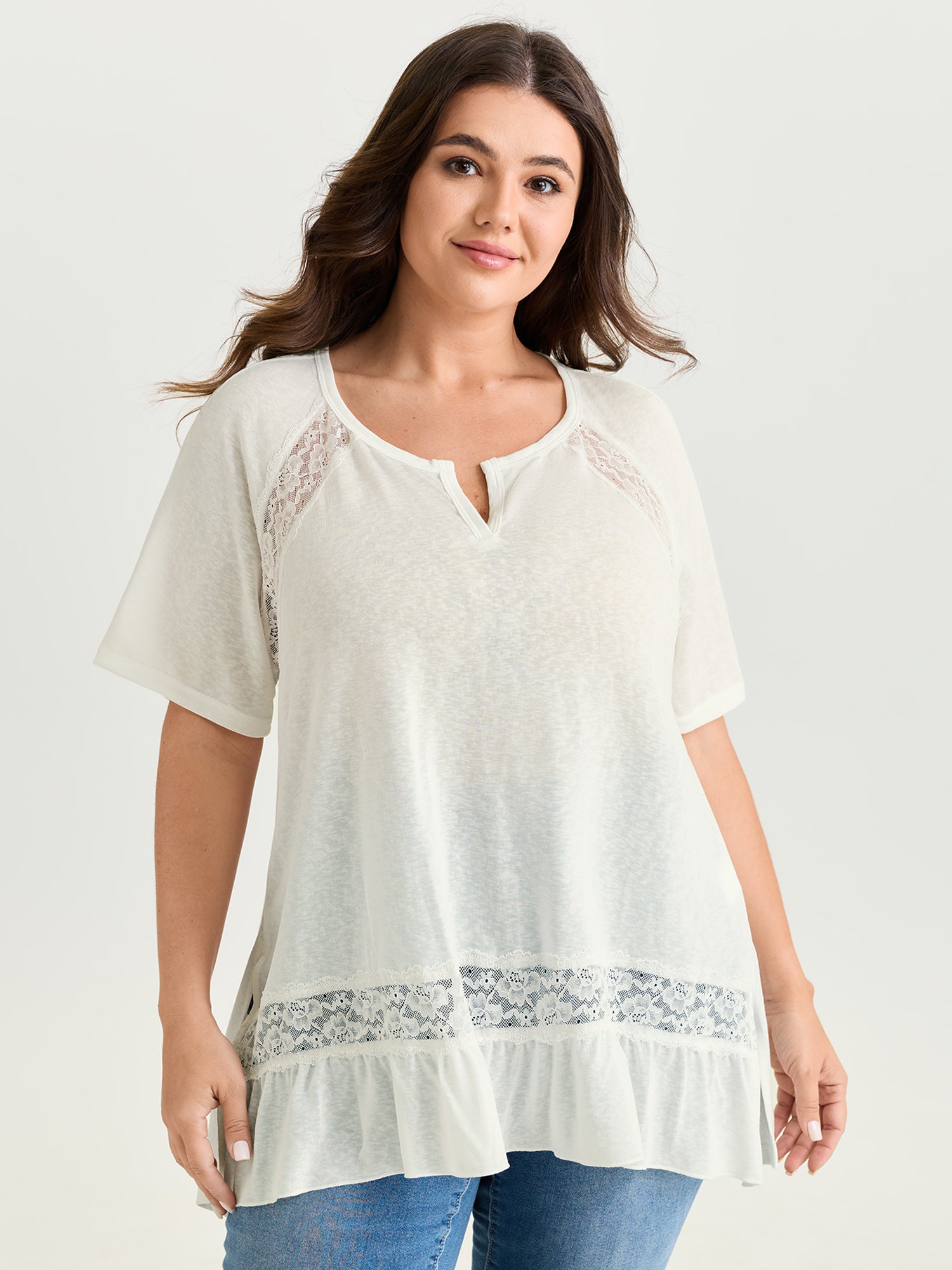 Sheer Lace Trim Split Neckline Knit Top