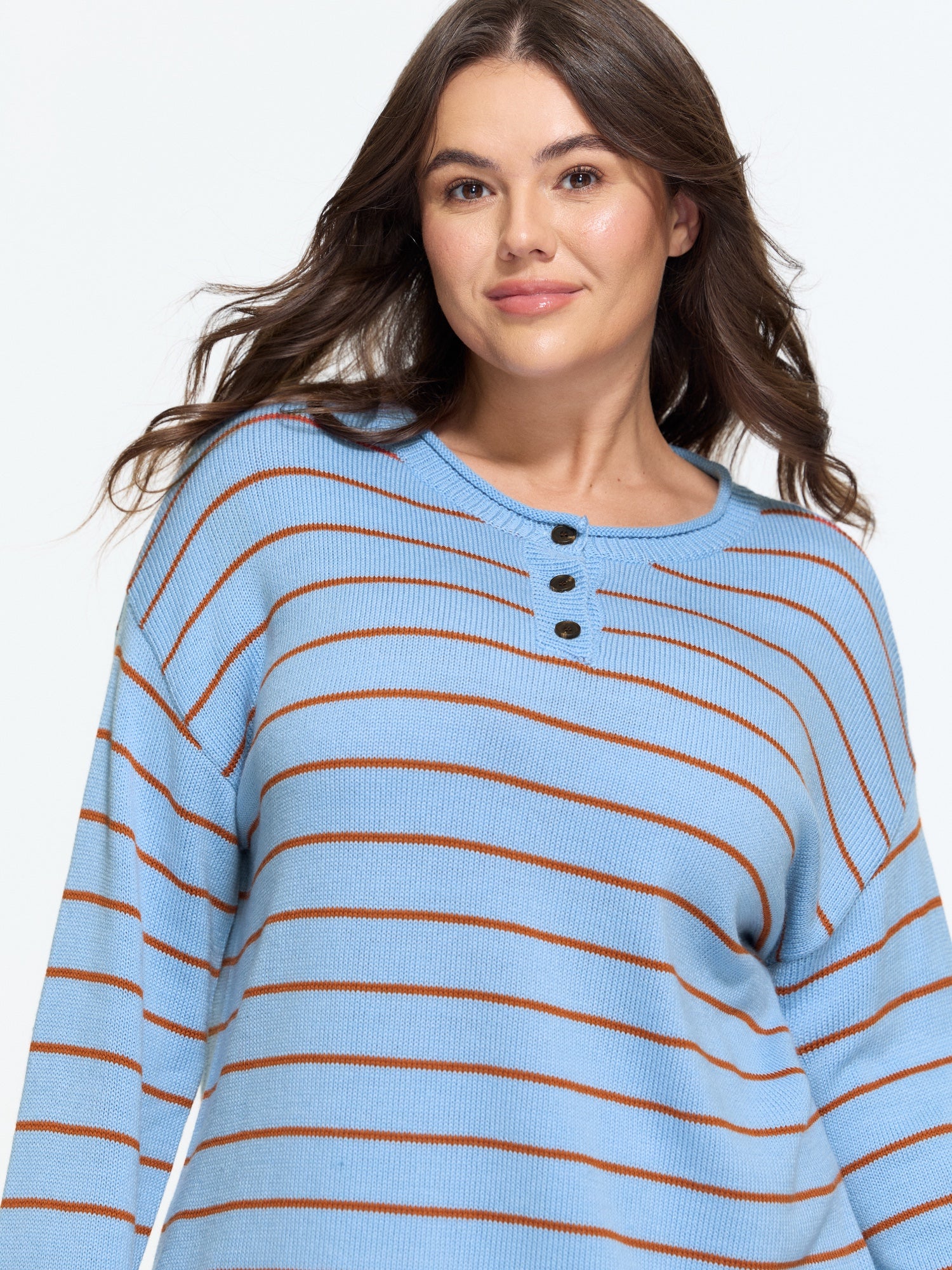 Striped Round Neck Button Detail Pullover