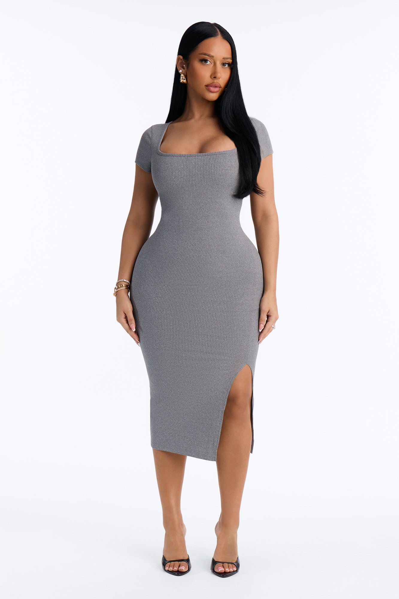 Emma Short Sleeve Ribbed Midi Dress - Charcoal