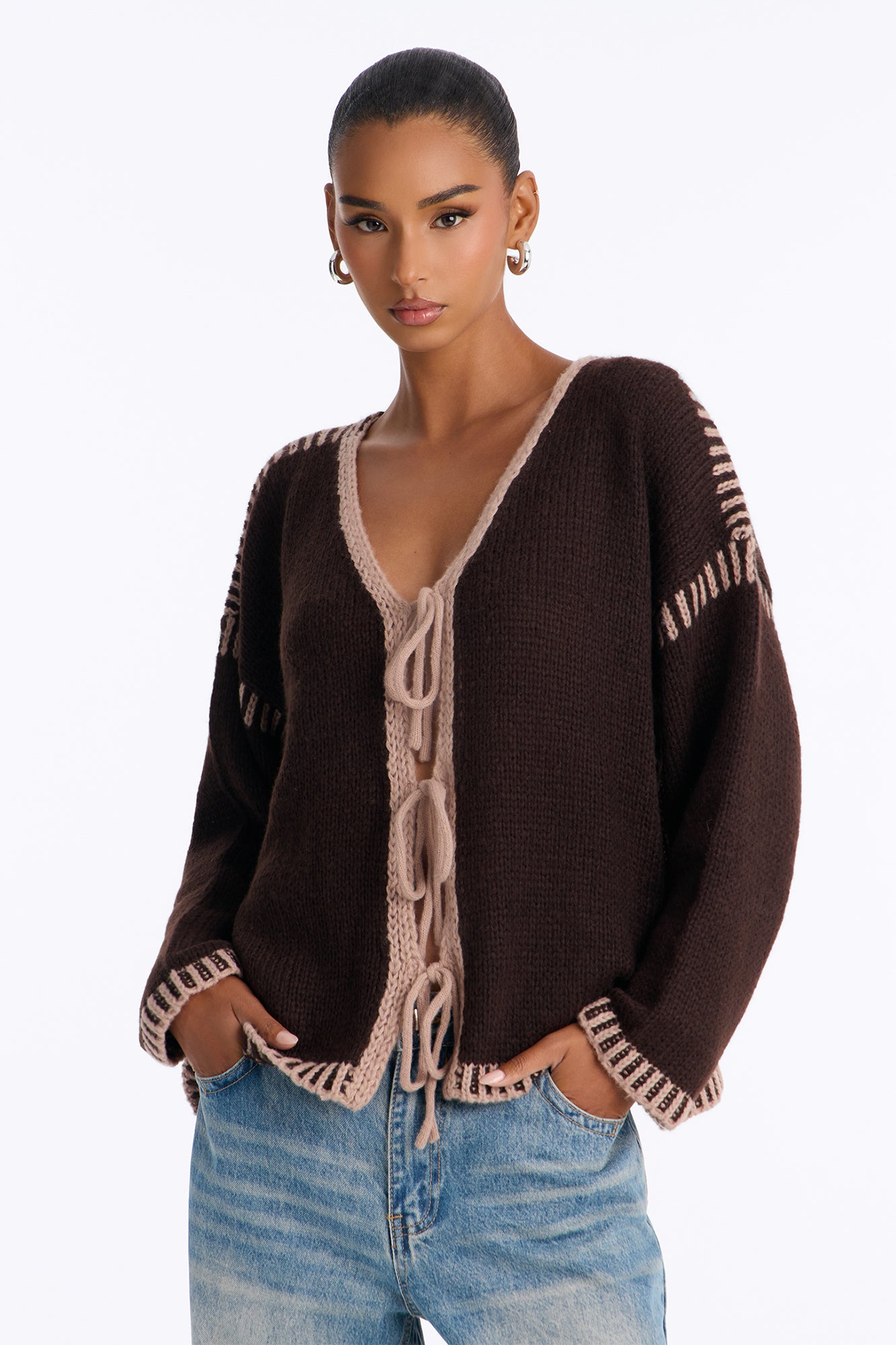 Just Cozy Things Tie Front Cardigan - Brown/combo