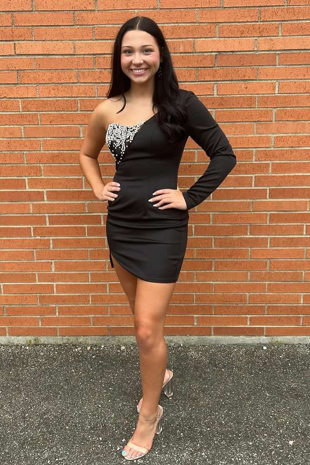 Sparkly Black BeadedOne Shoulder One Sleeve Tight Short Homecoming Dress/Mini Dress