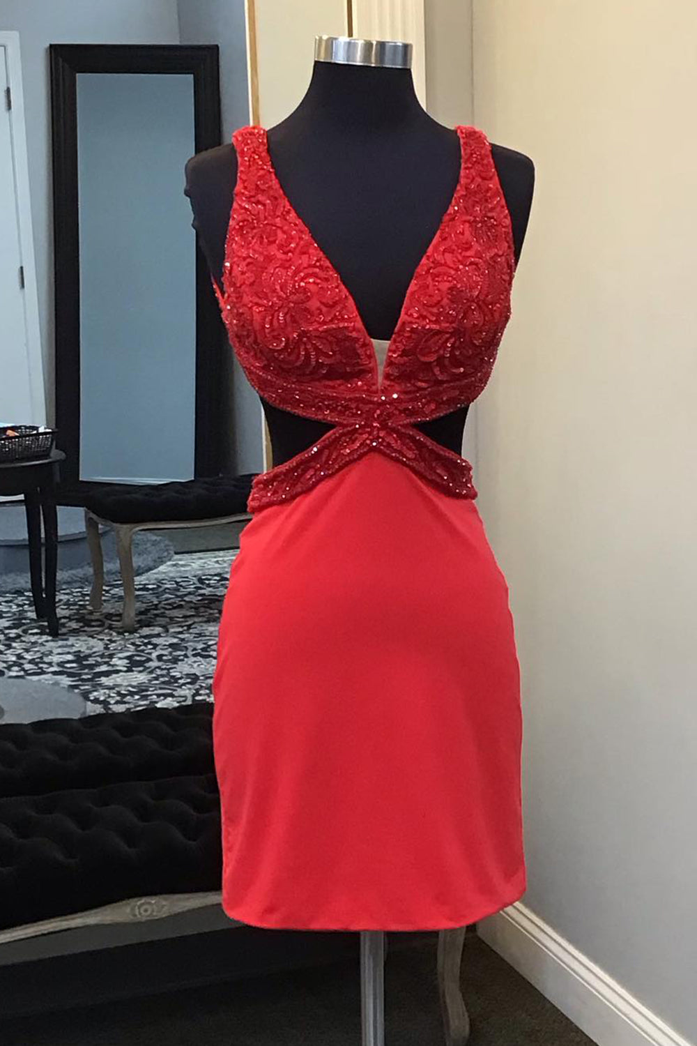 Sparkly Red Lace-Up Back Cut Out Tight Short Homecoming Dress/Mini Dress with Sequins