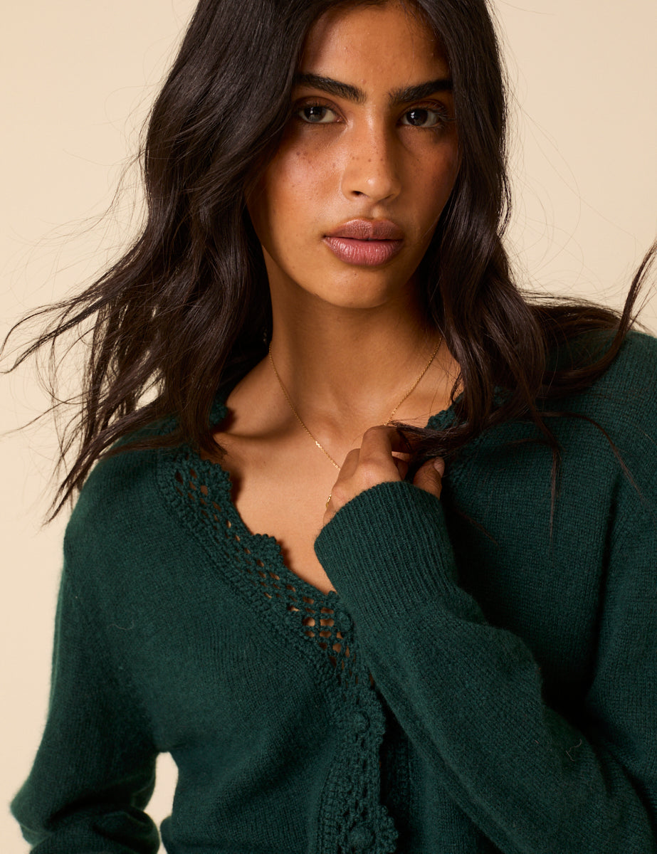 Dark Green Wool Blend Crochet Trim Elodie Cardigan