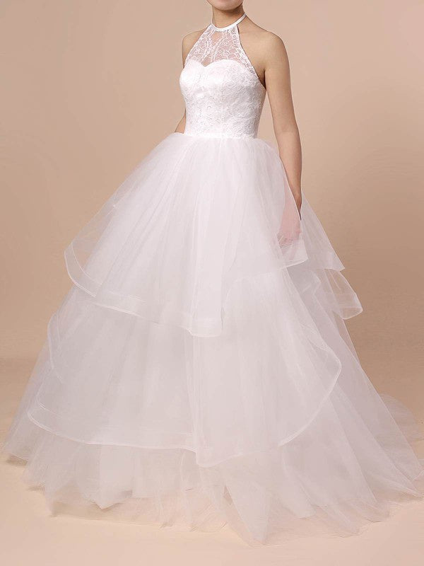 Elegant Tiered Halter Sleeveless Ball Gown Tulle Wedding Dresses with Sweep Train