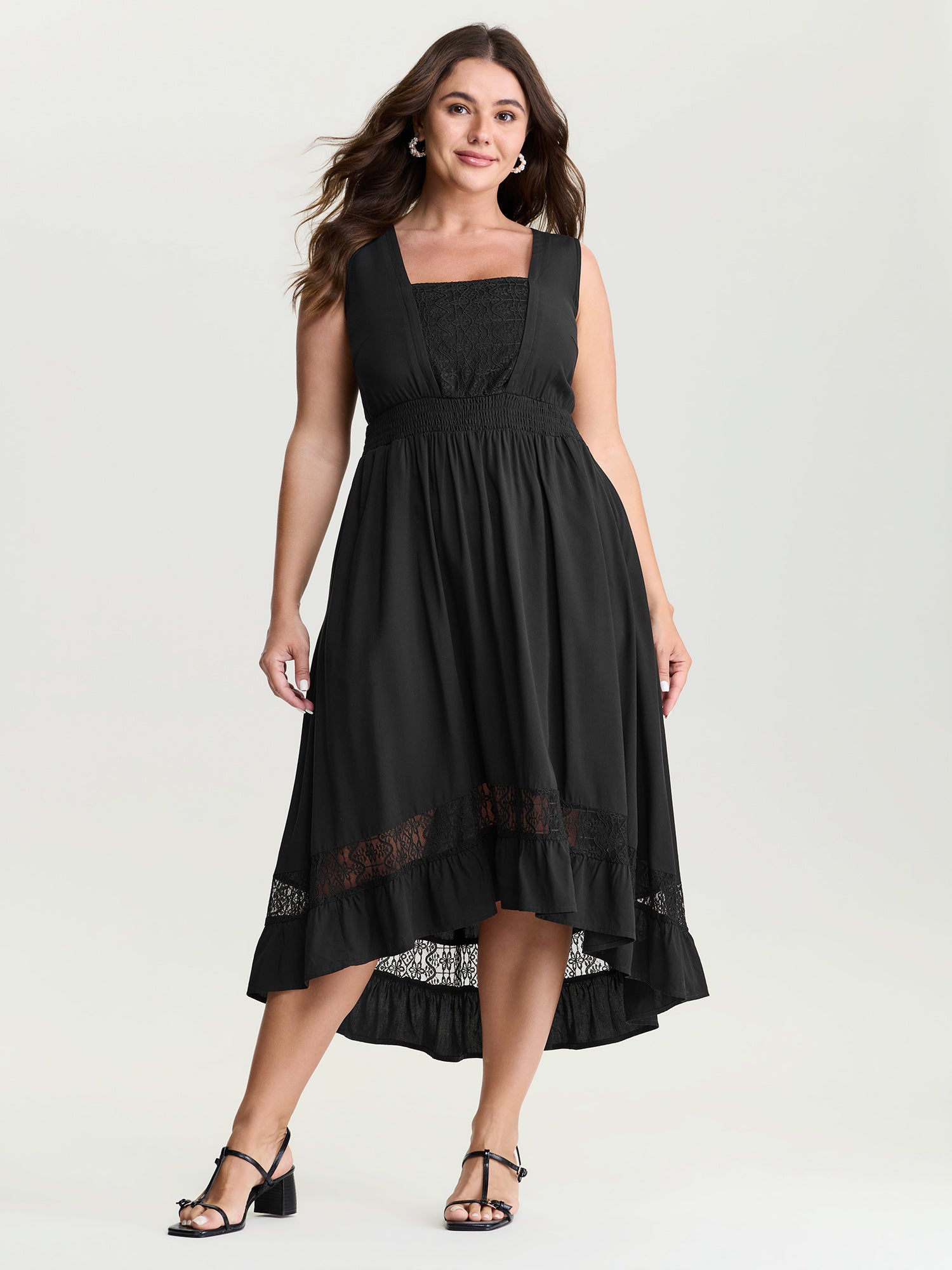 Lace Shirred Waist High Low Hem Midi Dress
