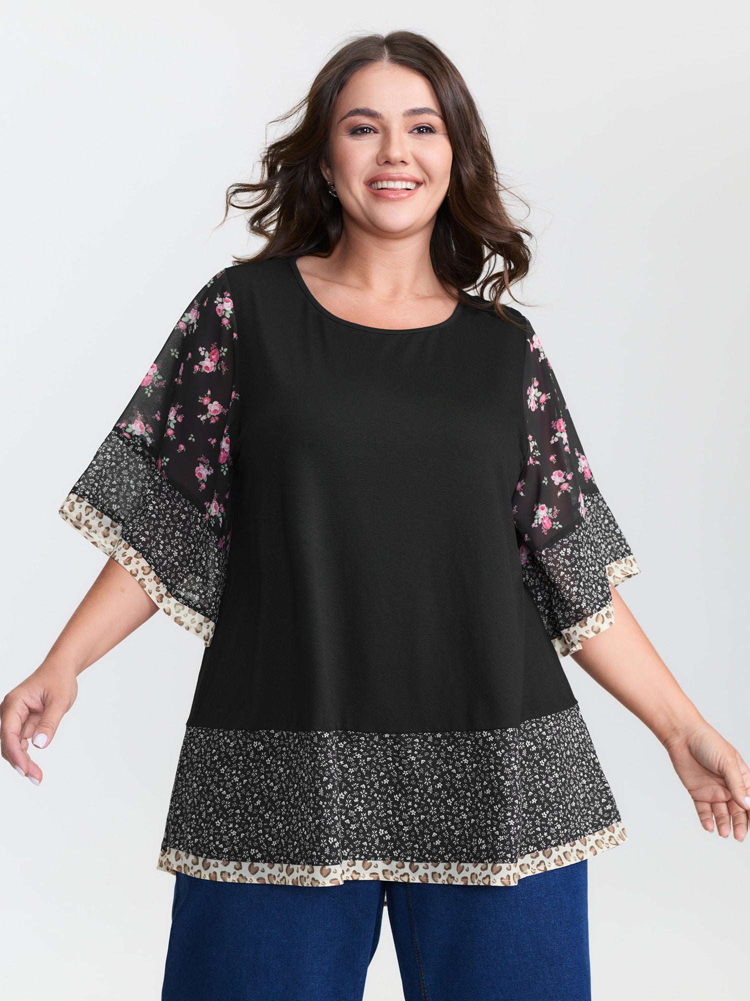 Floral Stretchy Flared Sleeve T-Shirt
