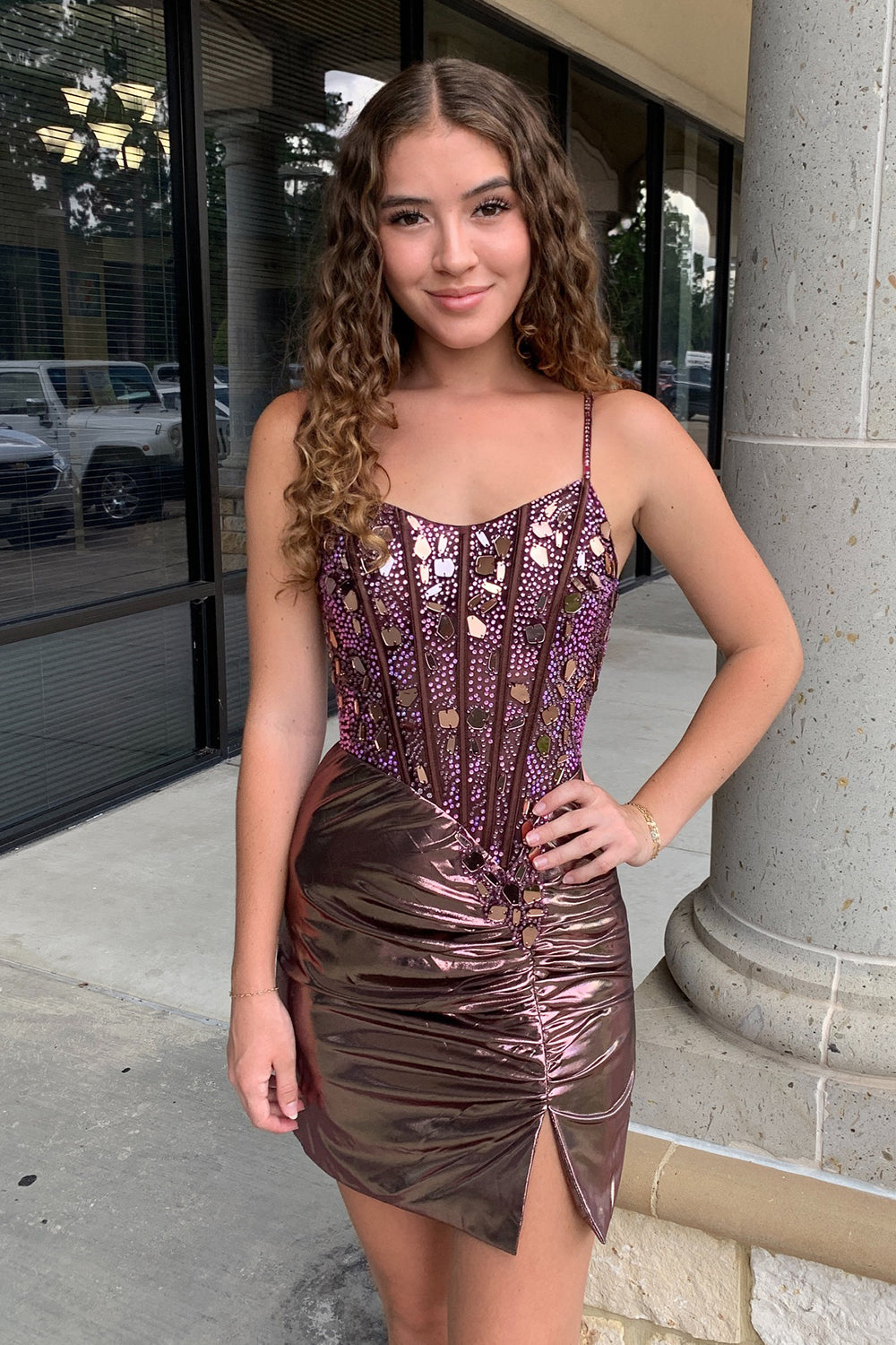 Rose Gold Spaghetti Straps Mirror Tight Short Homecoming Dress/Mini Dress with Beading