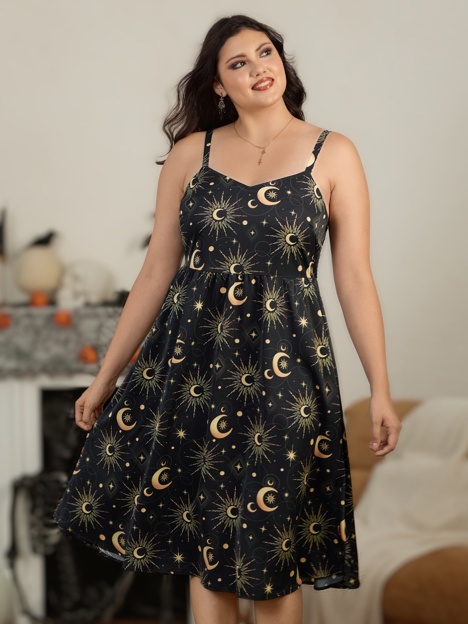 Sun Moon Star Celestial Print Sleeveless Midi Dress