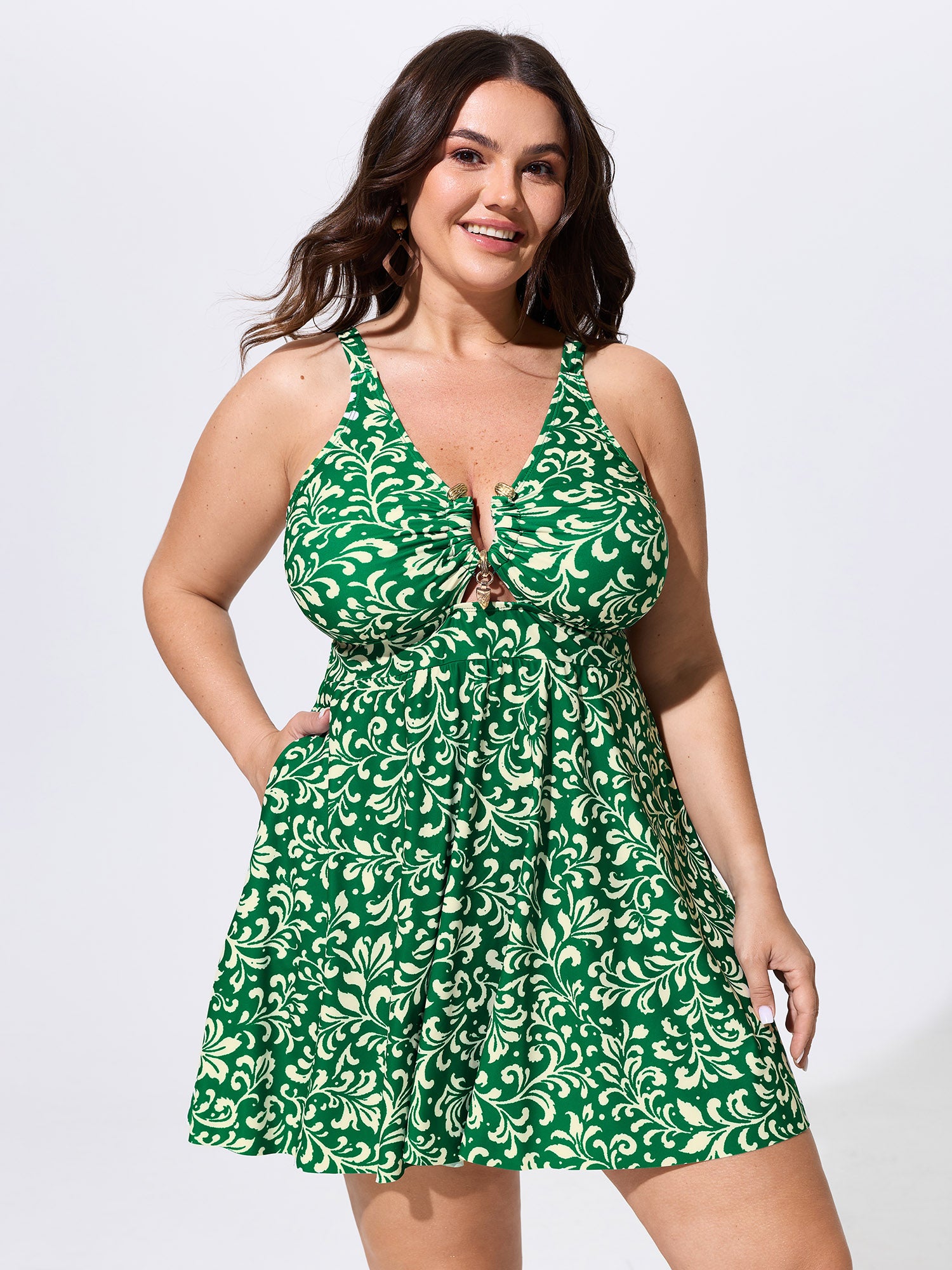 Floral Print Loop Split Neckline Swim Dress