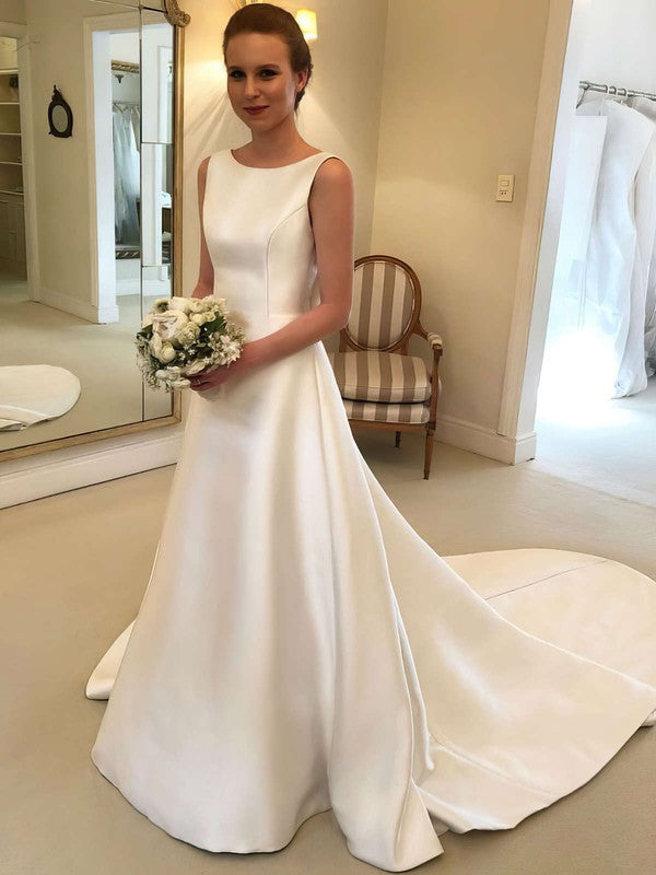 Elegant Sleeveless Crew Neck Backless Satin A-Line Wedding Dresses with Bow