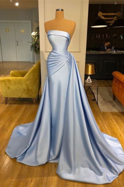 Strapless Elegant Baby Blue Mermaid Evening Dress Long With Ruffle