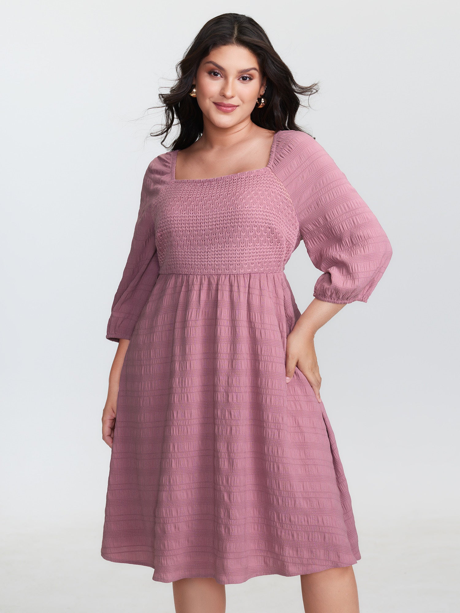 Textured Shirred Bodice Square Neckline Mini Dress