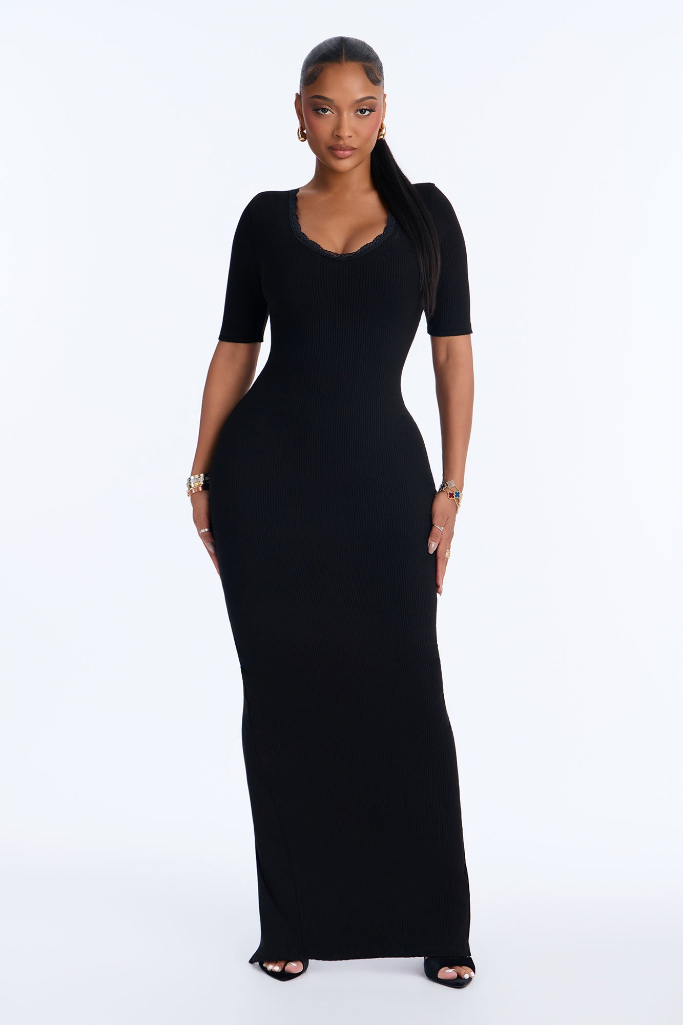 Hour Glass Snatched Lace Trim Maxi Dress - Black