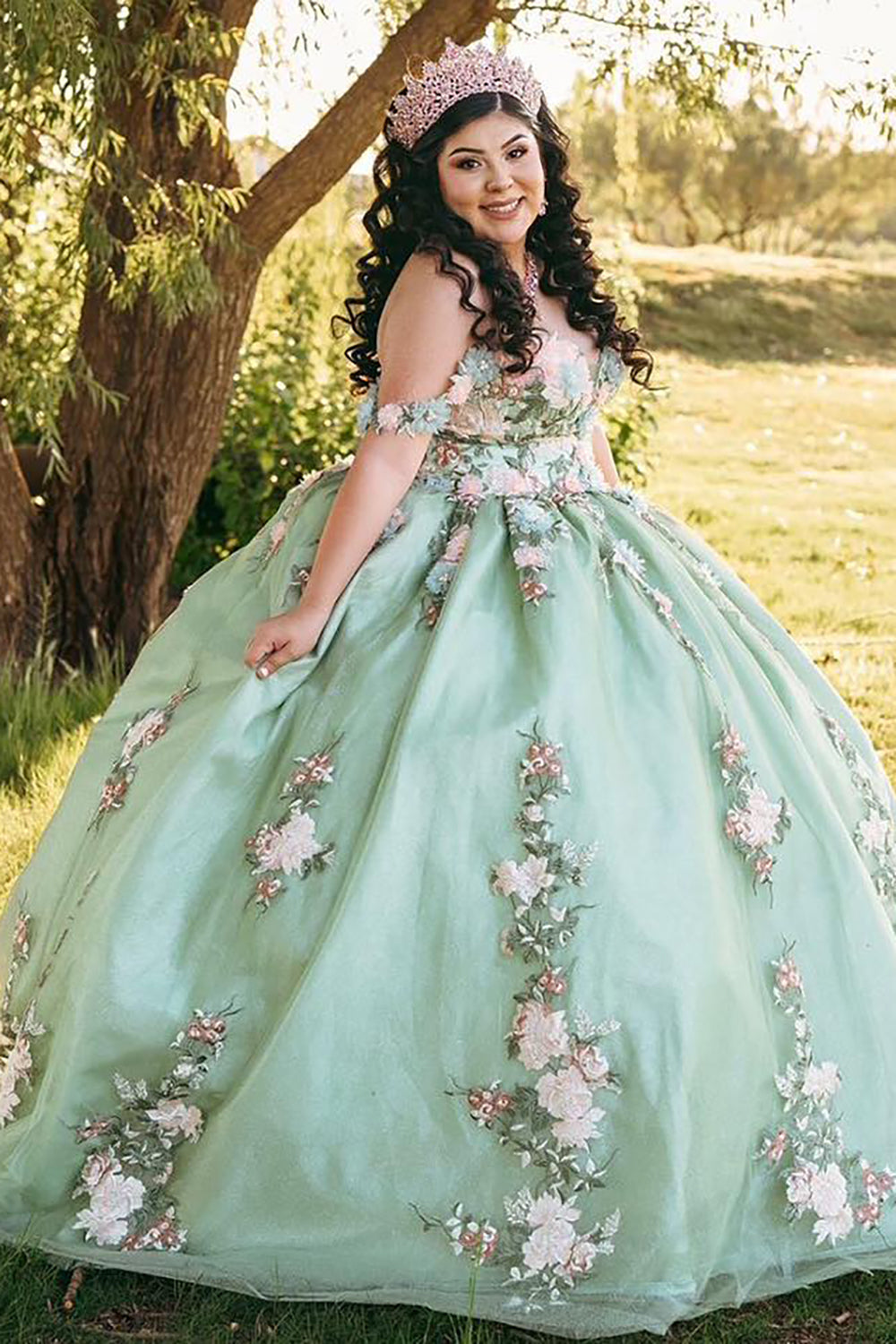 Off the Shoulder Princess Quinceanera Dress in Dusty Sage with Tulle and Appliques