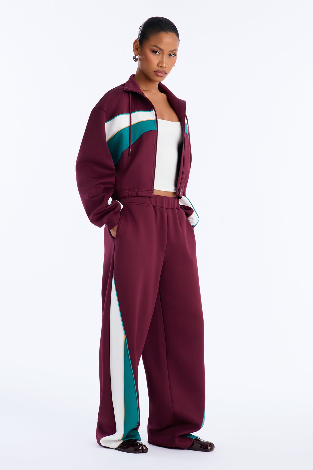 Estelle Wide Leg Track Pant Set - Wine/combo