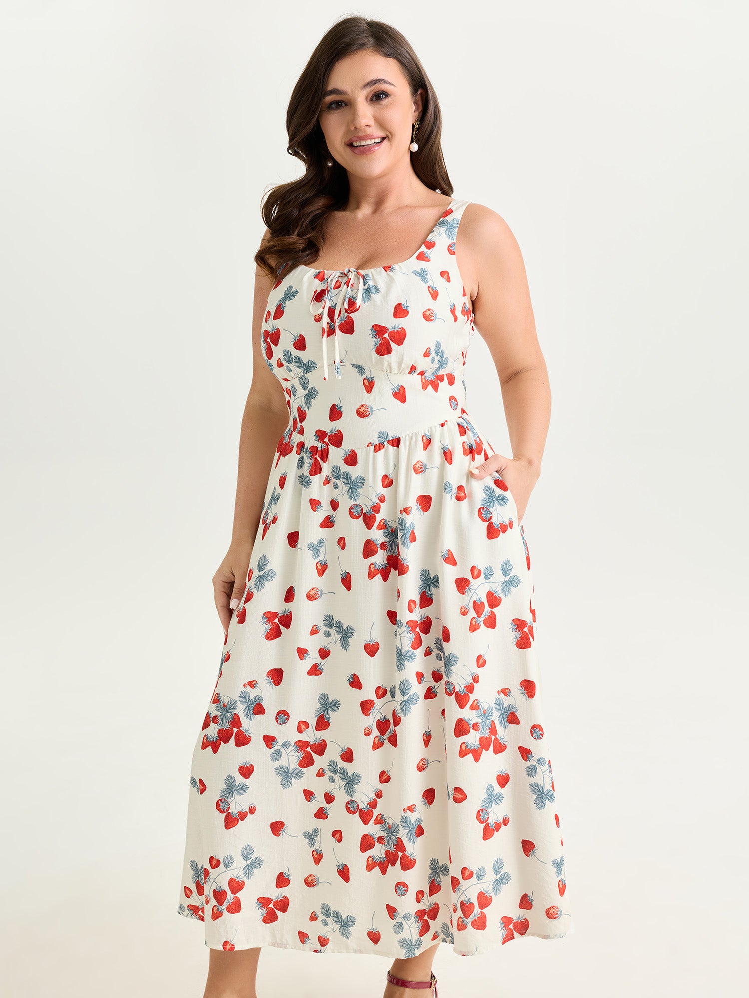 Strawberry Print Cinched-Waist Midi Dress
