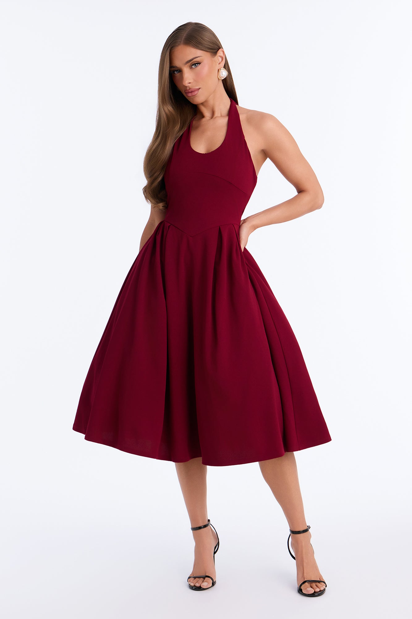 Dancing All Night Halter Stretch Crepe Midi Dress - Wine
