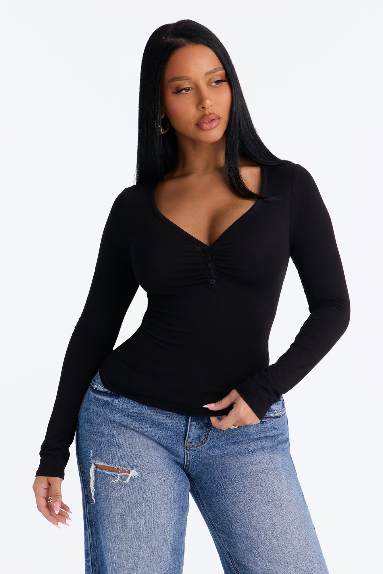 Harper Ruched Bust Henley Top - Black