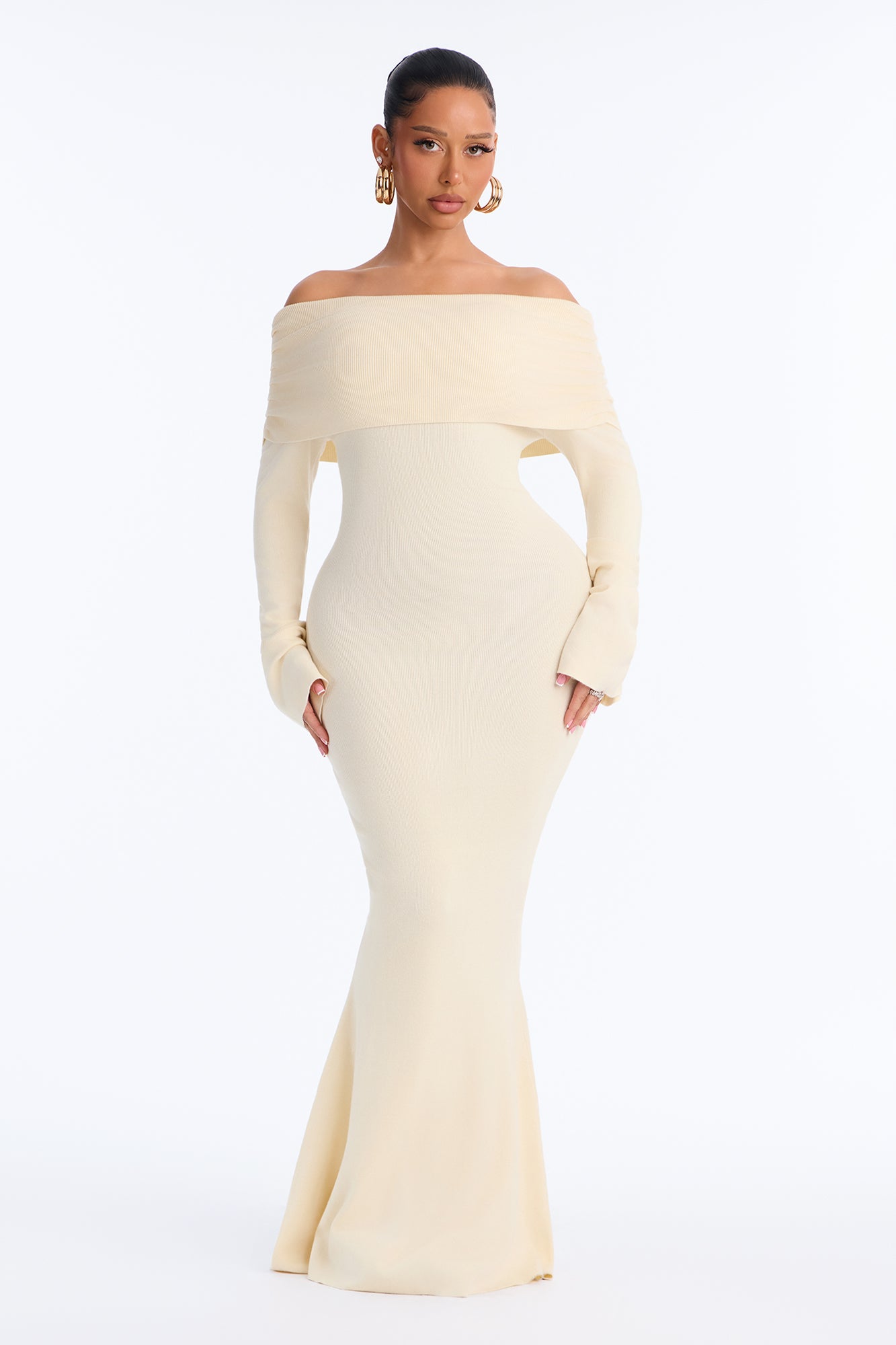Setting The Standard Off Shoulder Sweater Maxi Dress - Cream