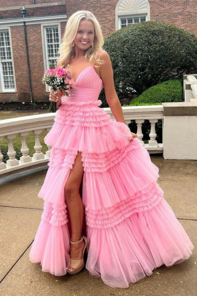 Pink Long A-Line Prom Dress Featuring Spaghetti Straps and a Split