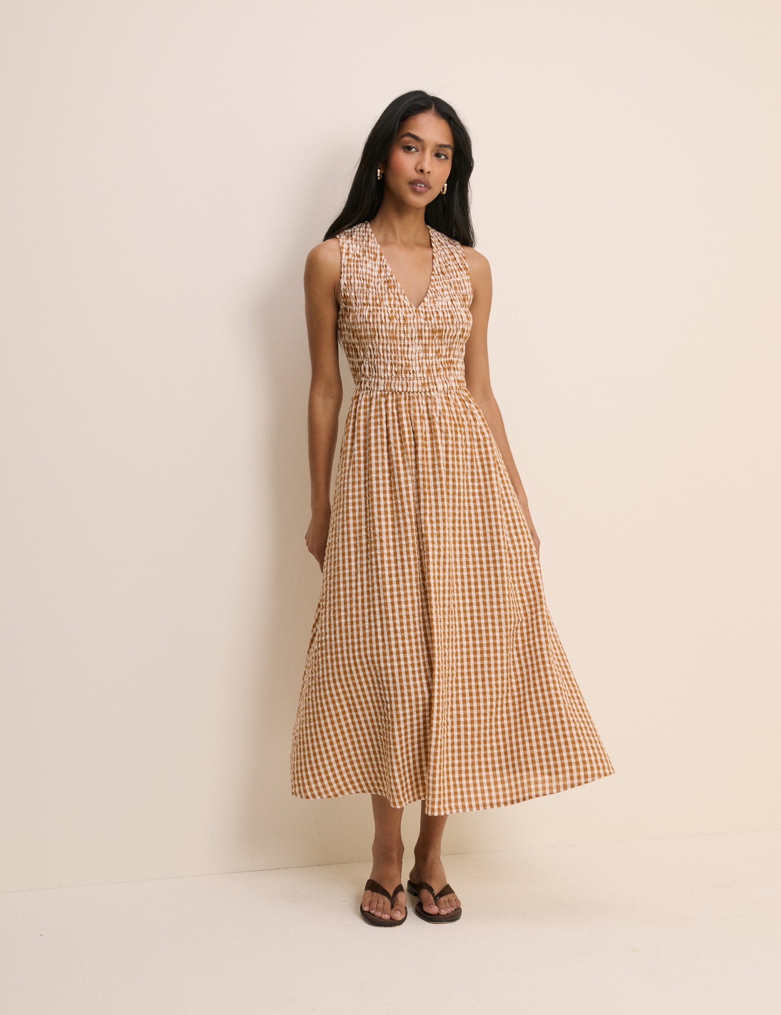 Orange Gingham Shirred Audrey Midi Dress